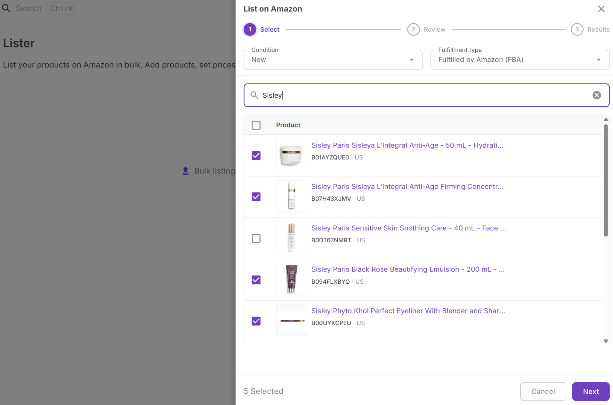 Выберите товары для листинга