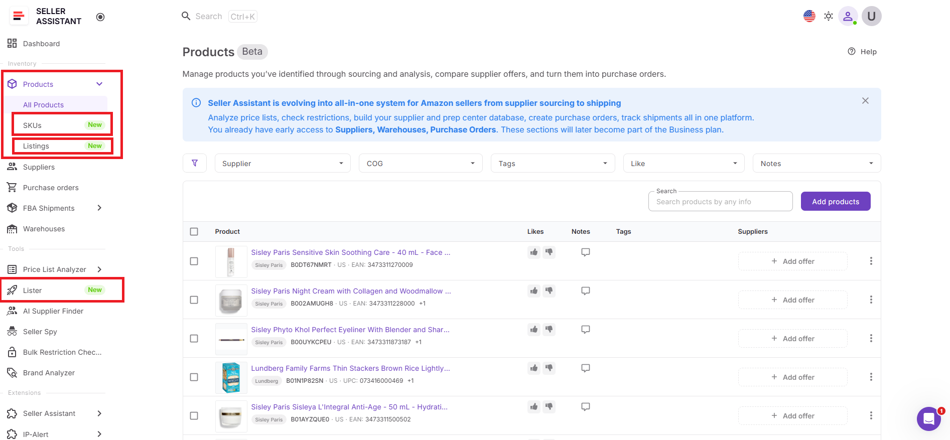 Как Lister связывает Product Database, Listings и SKU