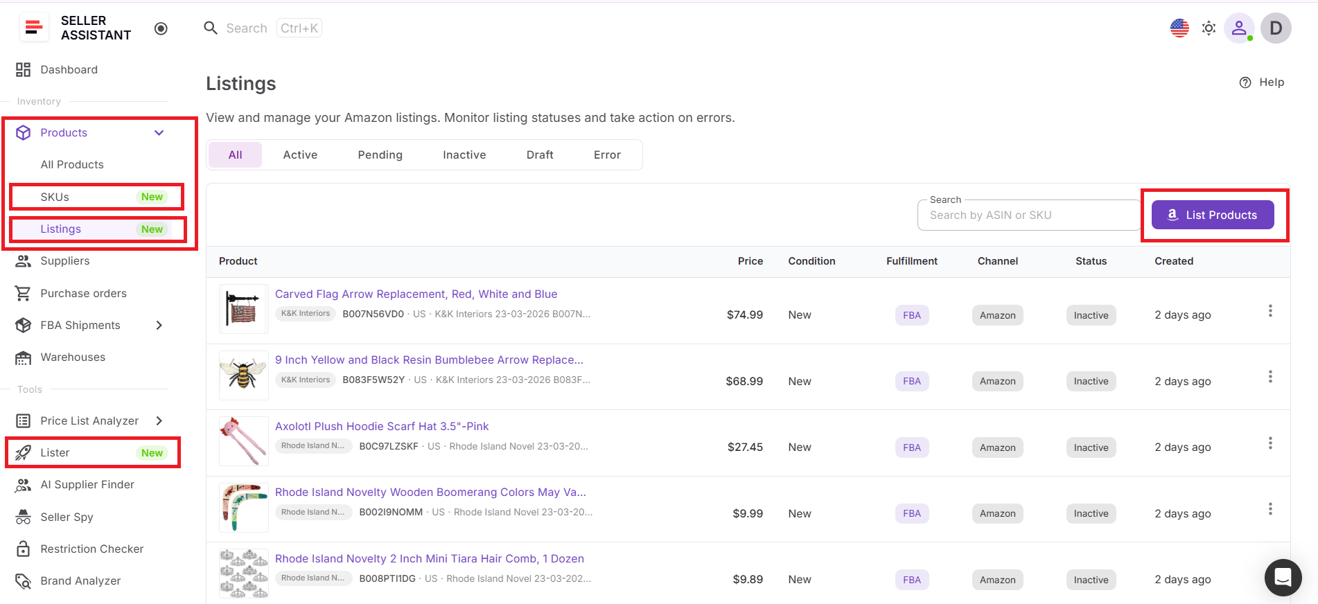 Listings Tool bağlantılı bir iş akışının parçasıdır. Product Database ürün verilerini saklar, SKUs Tool SKU'ları tanımlar, Lister ise listelemeleri oluşturur.