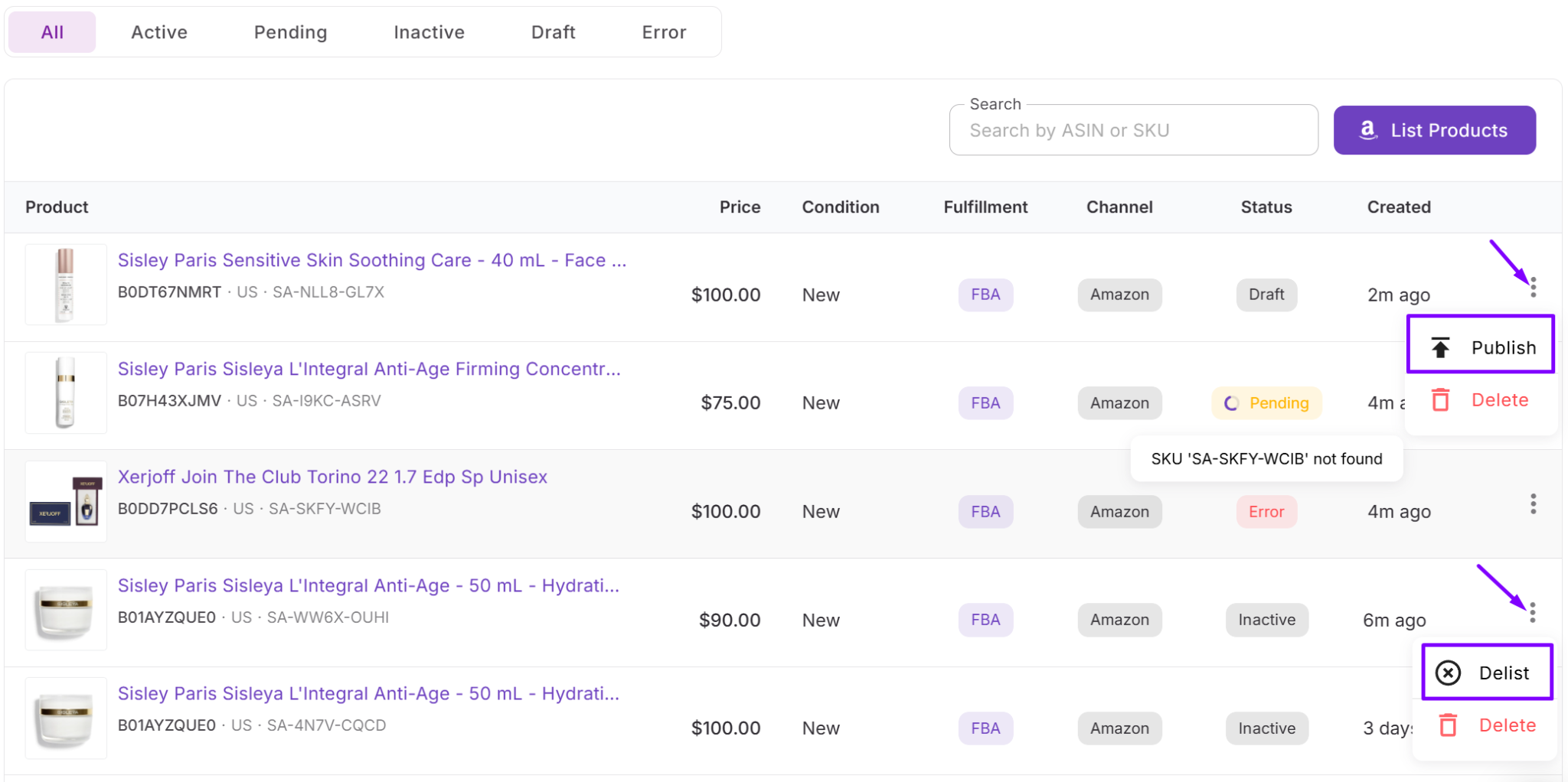 Taslak listelemeler yayınlanabilir veya silinebilir.