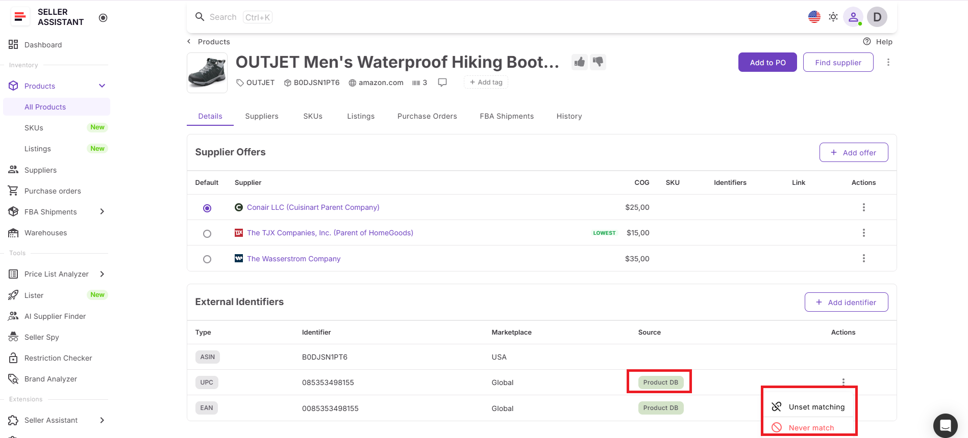 When a product is created, its identifiers are saved and set as Always match by default. The source is marked as Product DB unless you add the identifier manually.
