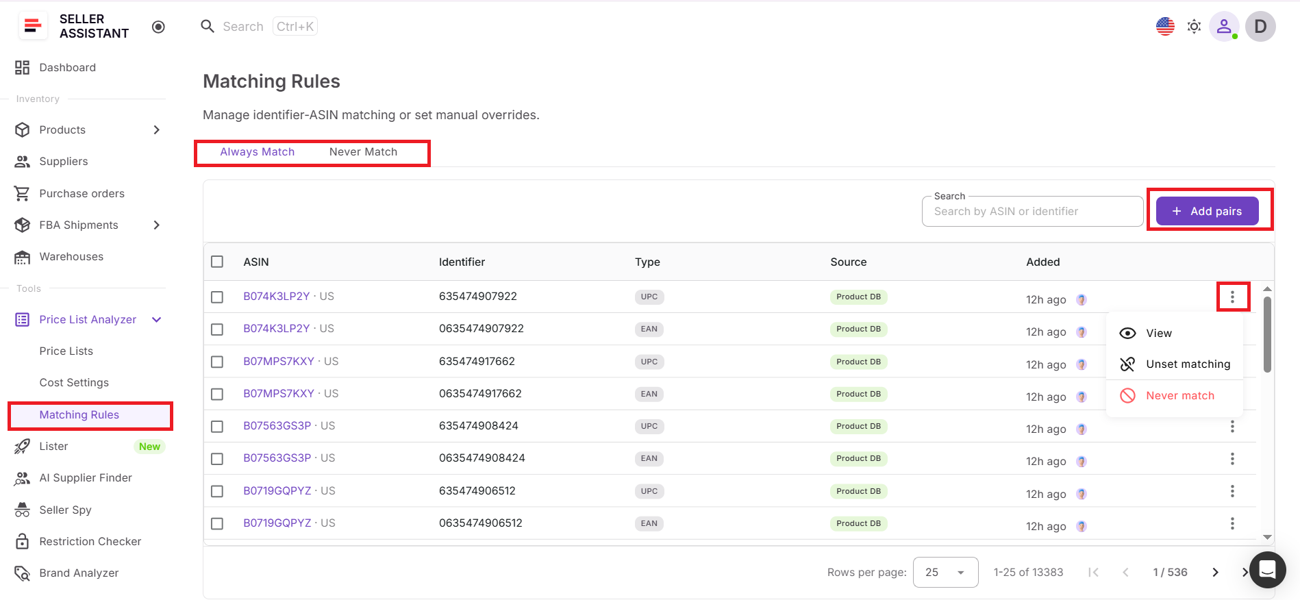 Step 7. Manage rules in Matching Rules