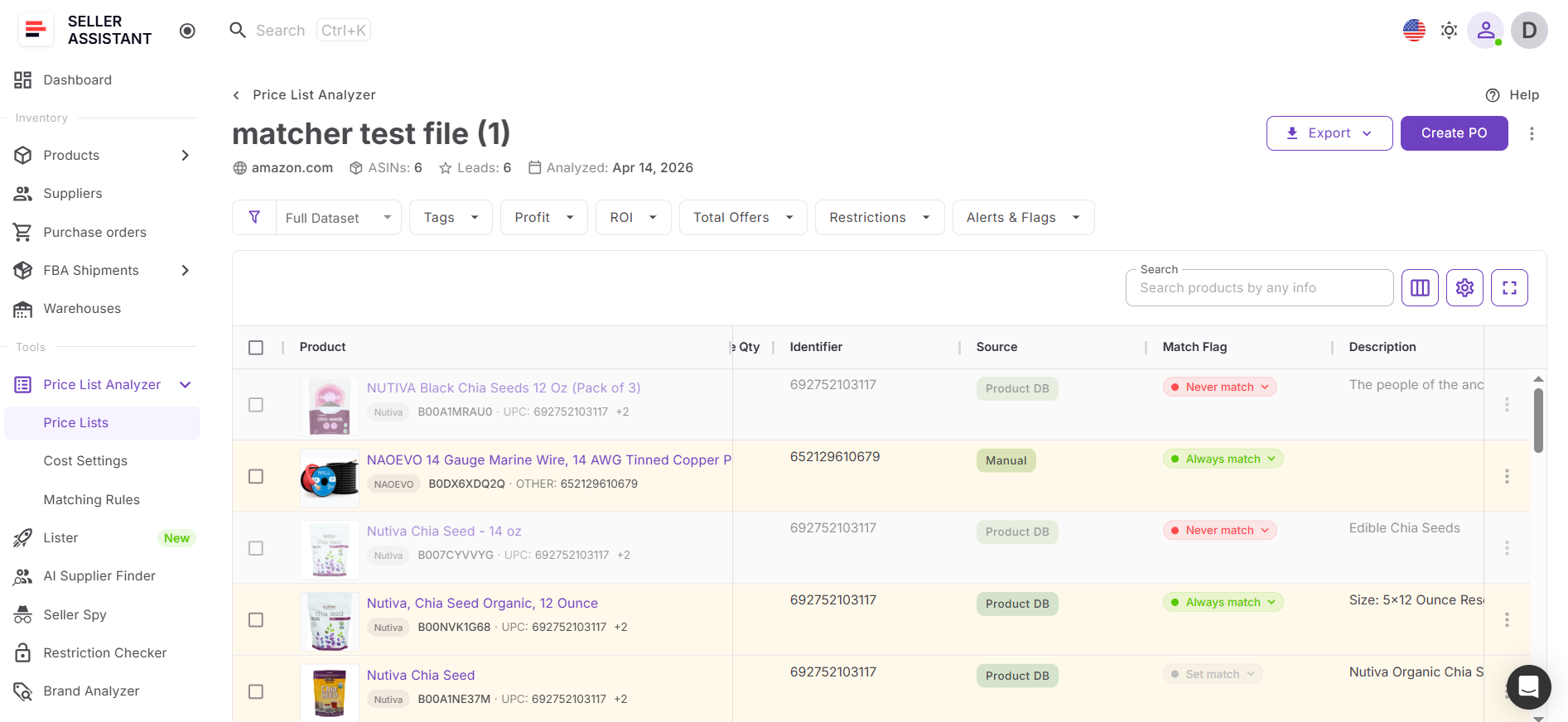 Match flag system in Price List Analyzer