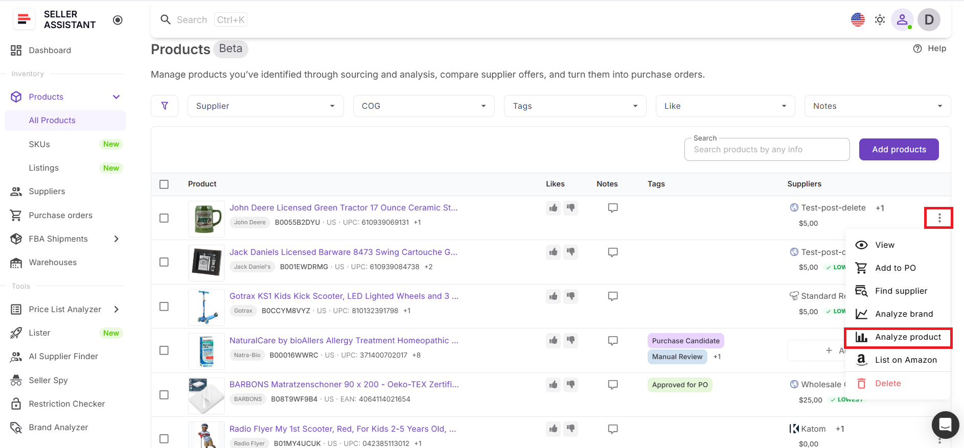 Puede enviar productos al Price List Analyzer para su reevaluación