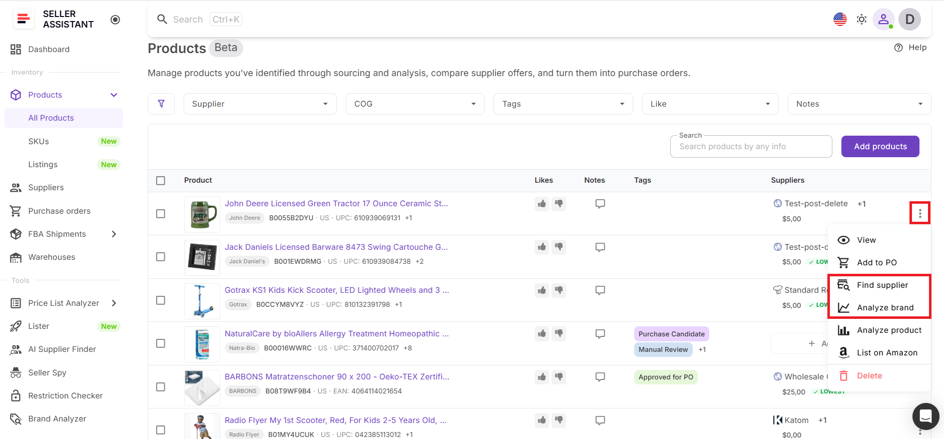 Puede iniciar AI Supplier Finder o Brand Analyzer directamente desde un producto