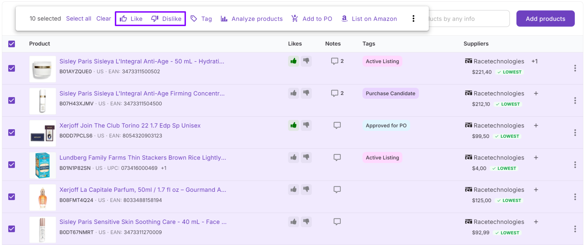 Use likes para marcar productos preferidos durante el sourcing.