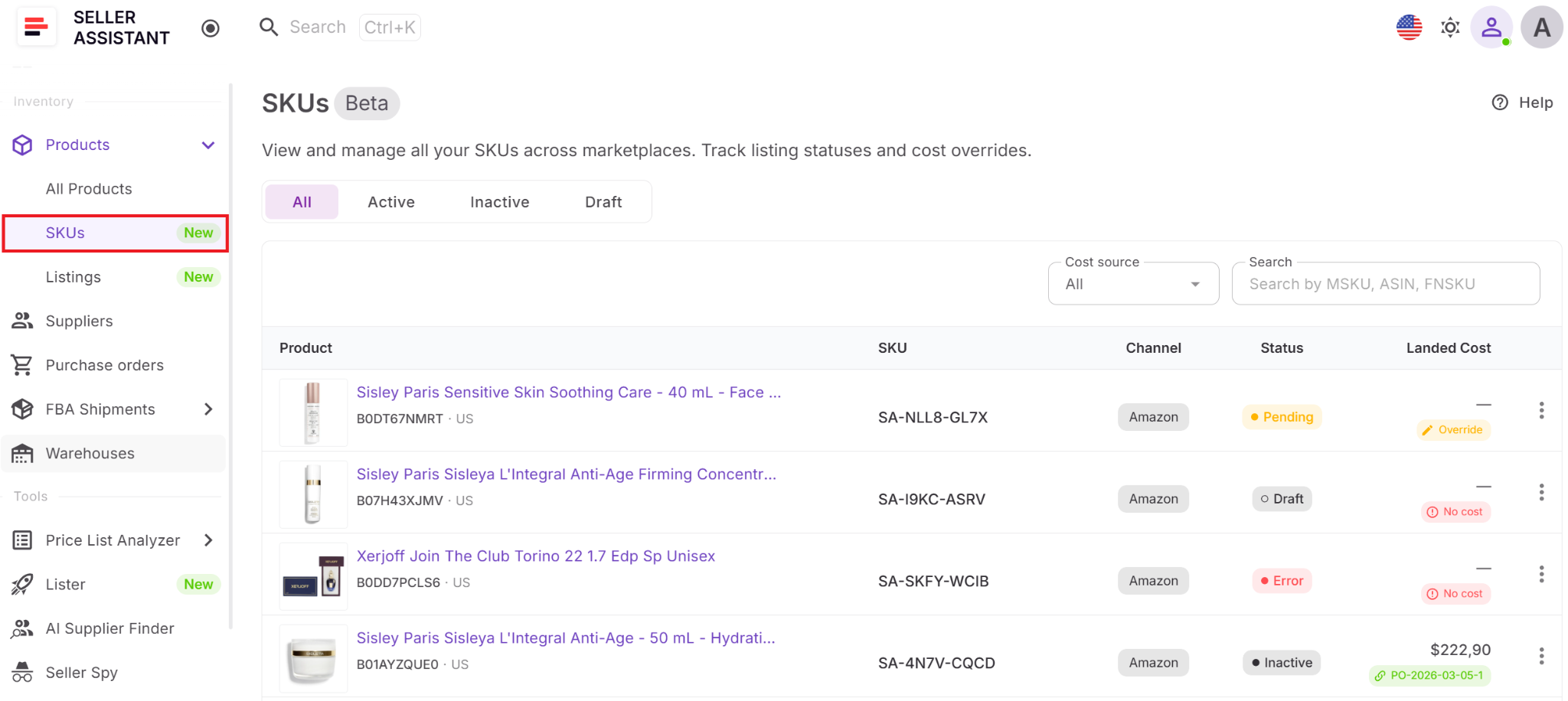 SKUs aracını Inventory → Products → SKUs menüsünden açarsınız