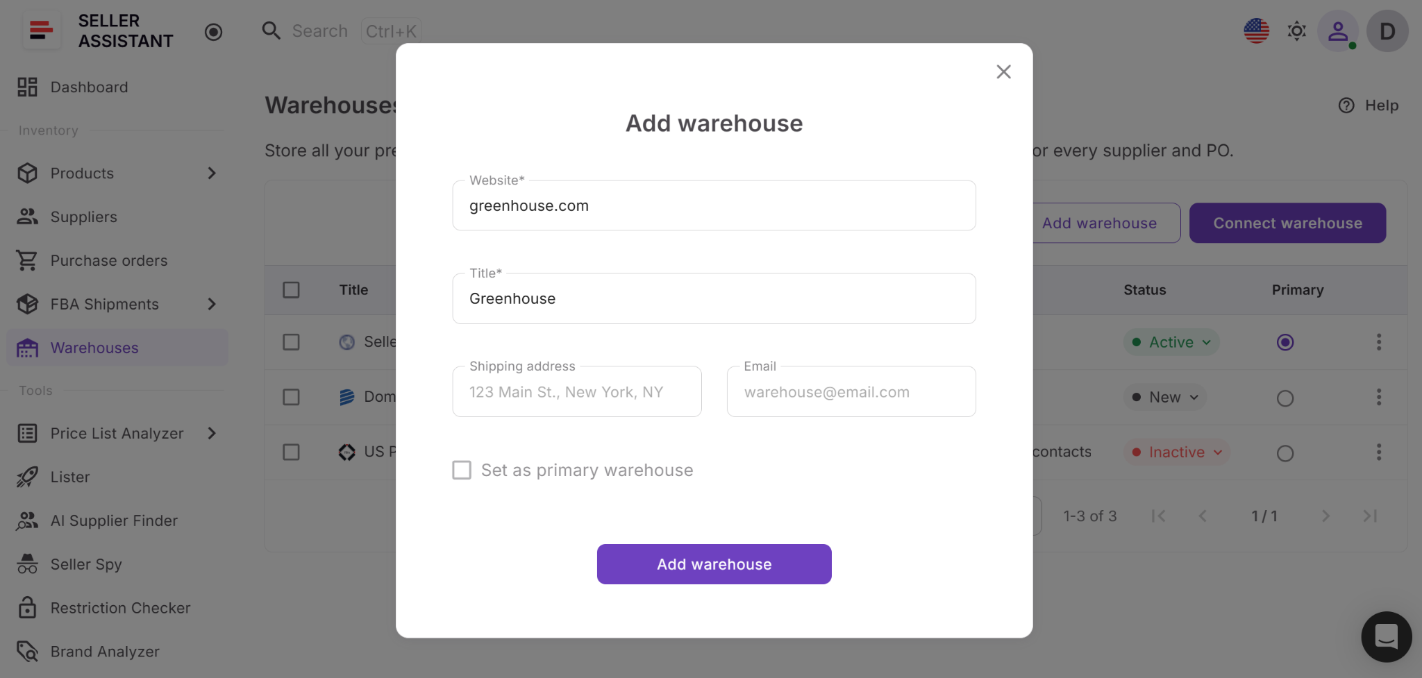 The workflow starts in Warehouses Database, where you create and manage warehouse profiles