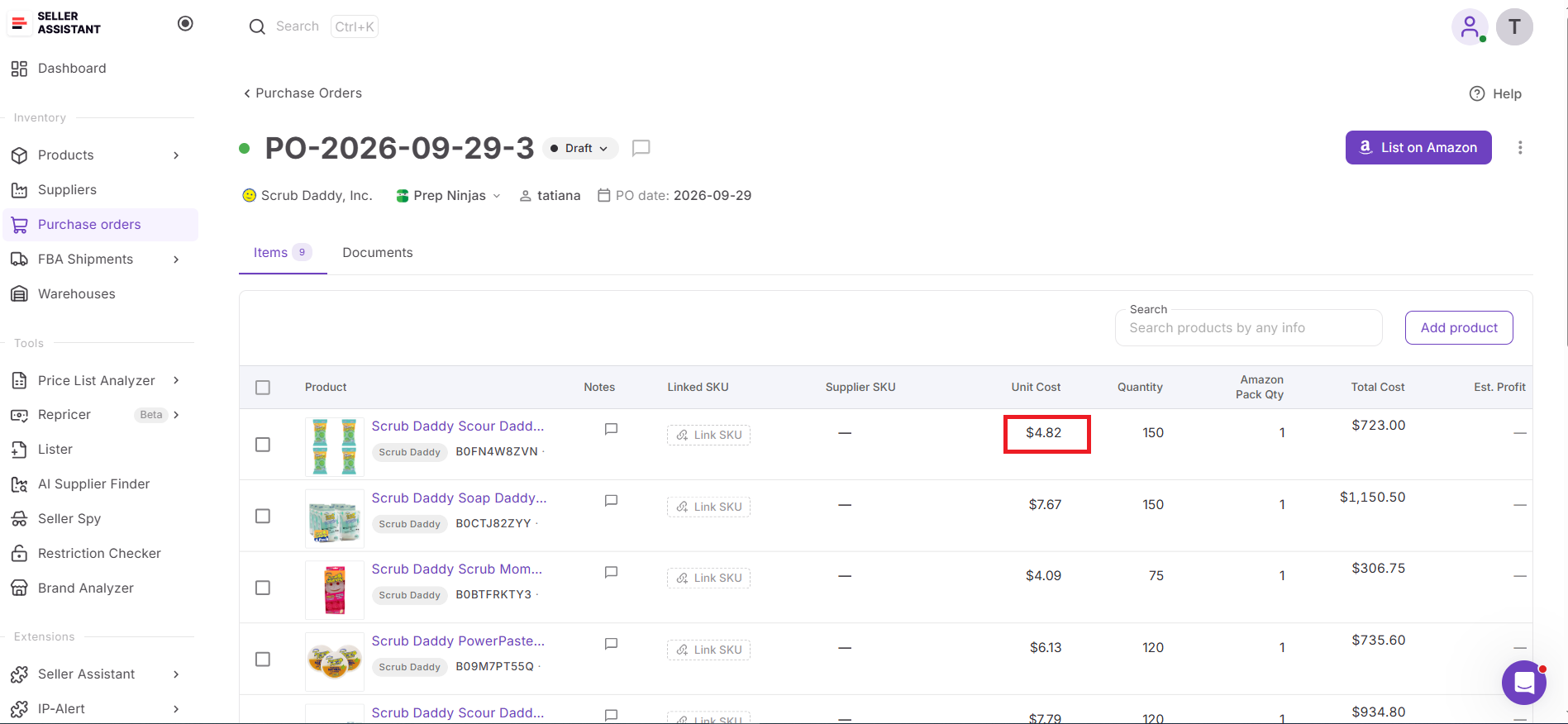 Change a product's unit cost -AI-edited PO