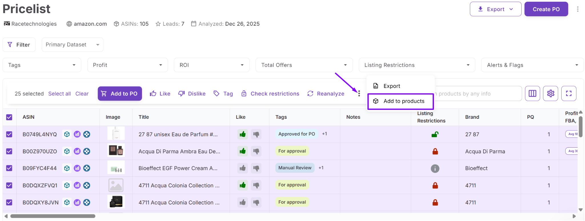Puedes añadir productos desde Price List Analyzer