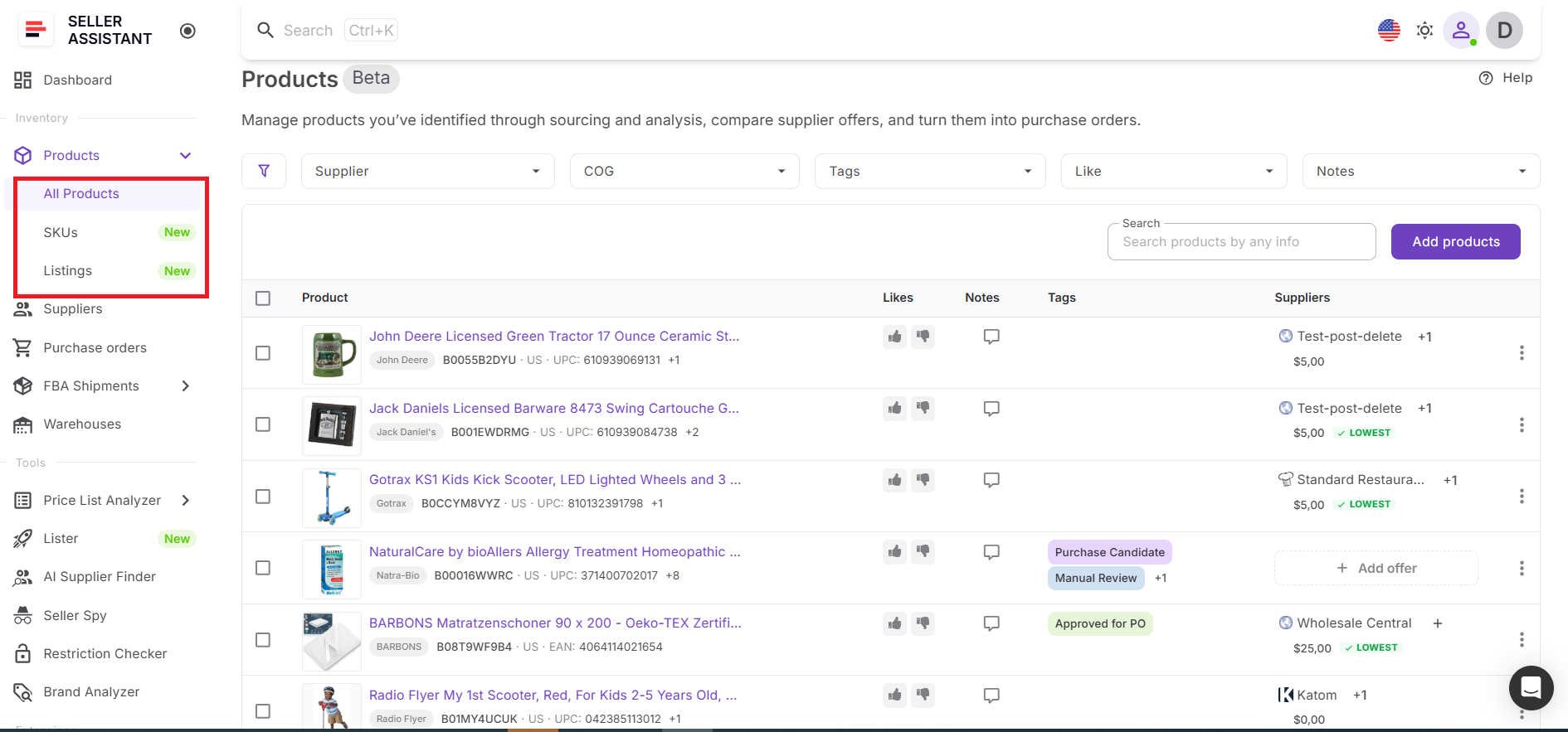 La tabla de Product Database muestra todos los productos encontrados con datos clave