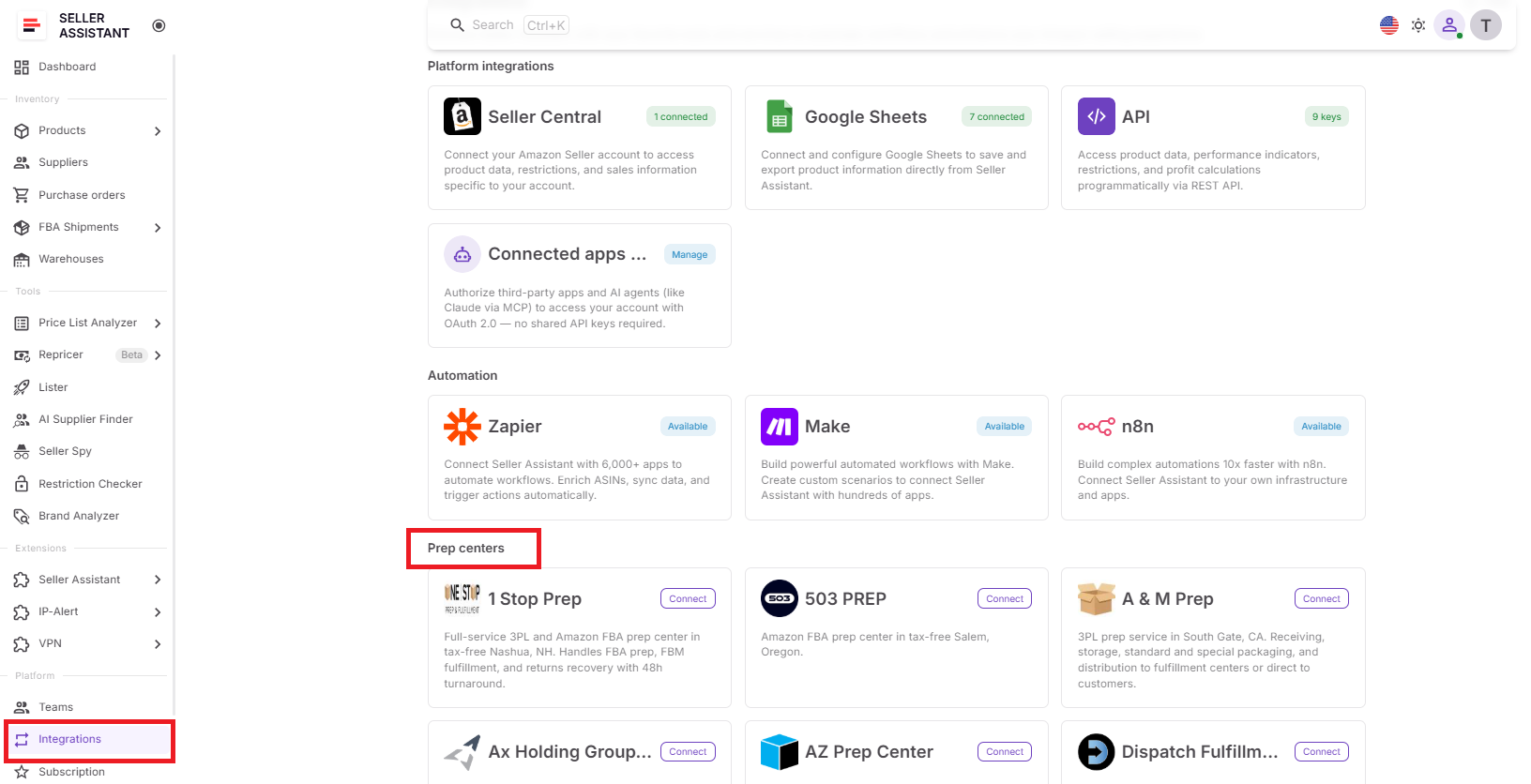 The Prep Centers page displays all supported integration providers