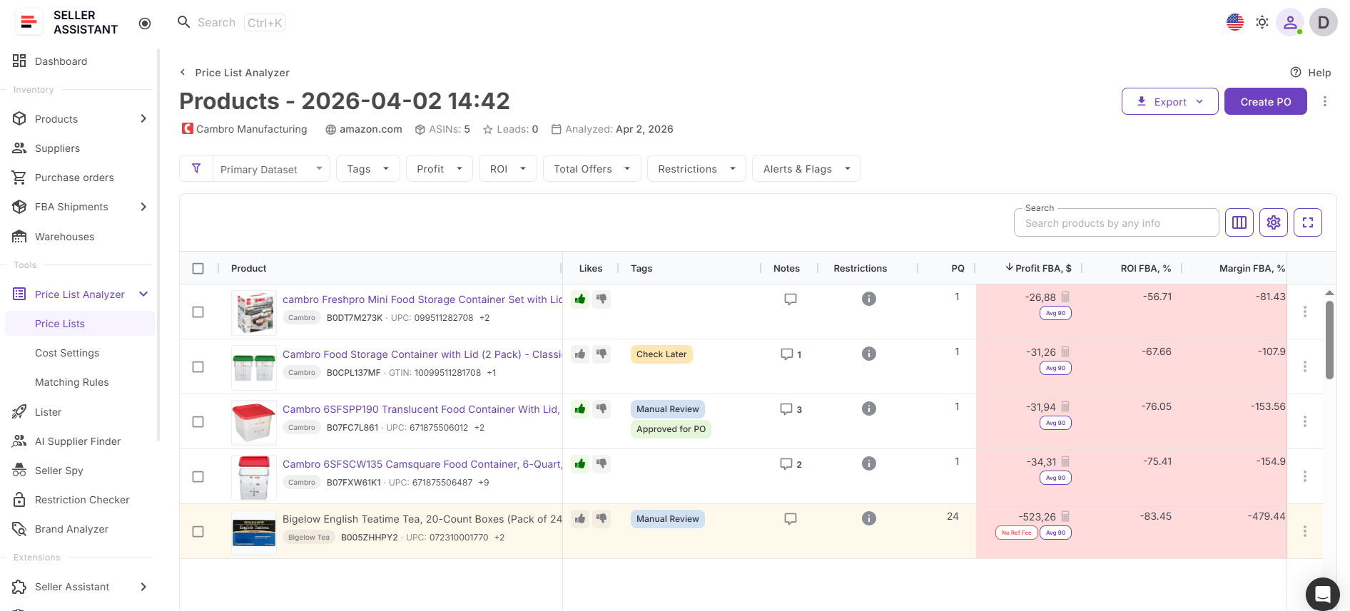 Once the supplier catalog opens inside Price List Analyzer, the system automatically matches products to Amazon ASINs, calculates profitability, reviews competition, estimates demand, and flags sourcing risks across the entire catalog