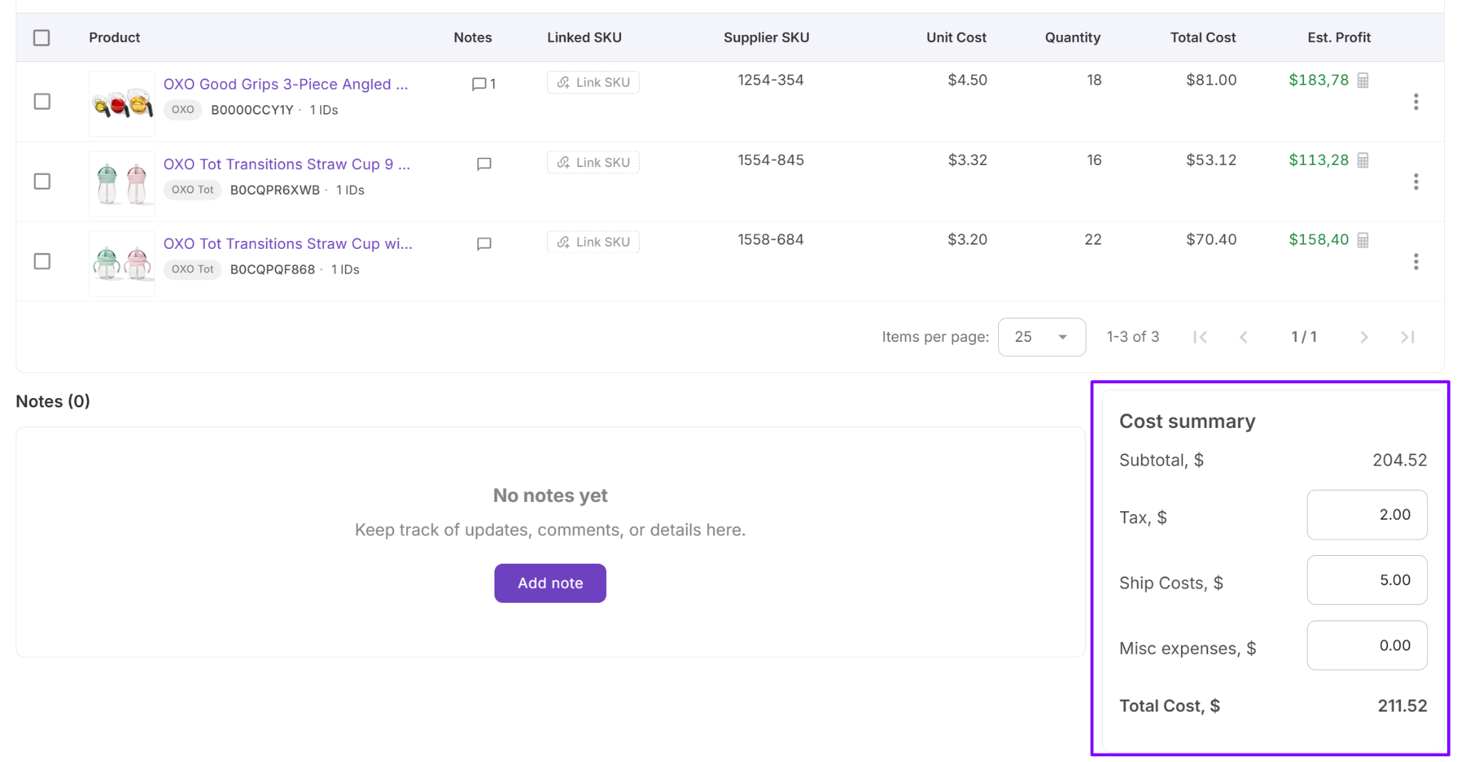 Verify total order costs in the PO cost summary panel