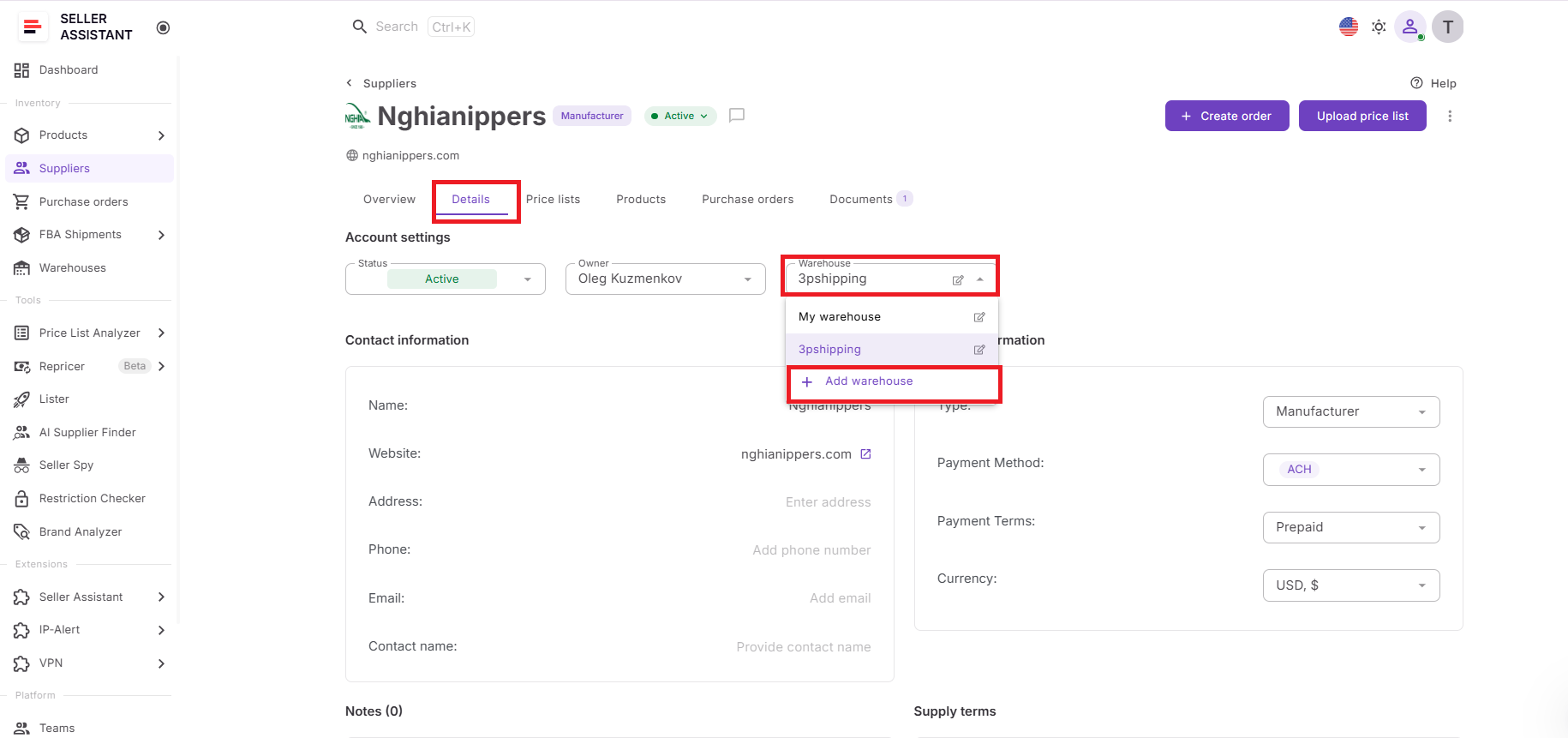 If the warehouse doesn't exist yet, you can create a new one without leaving the page