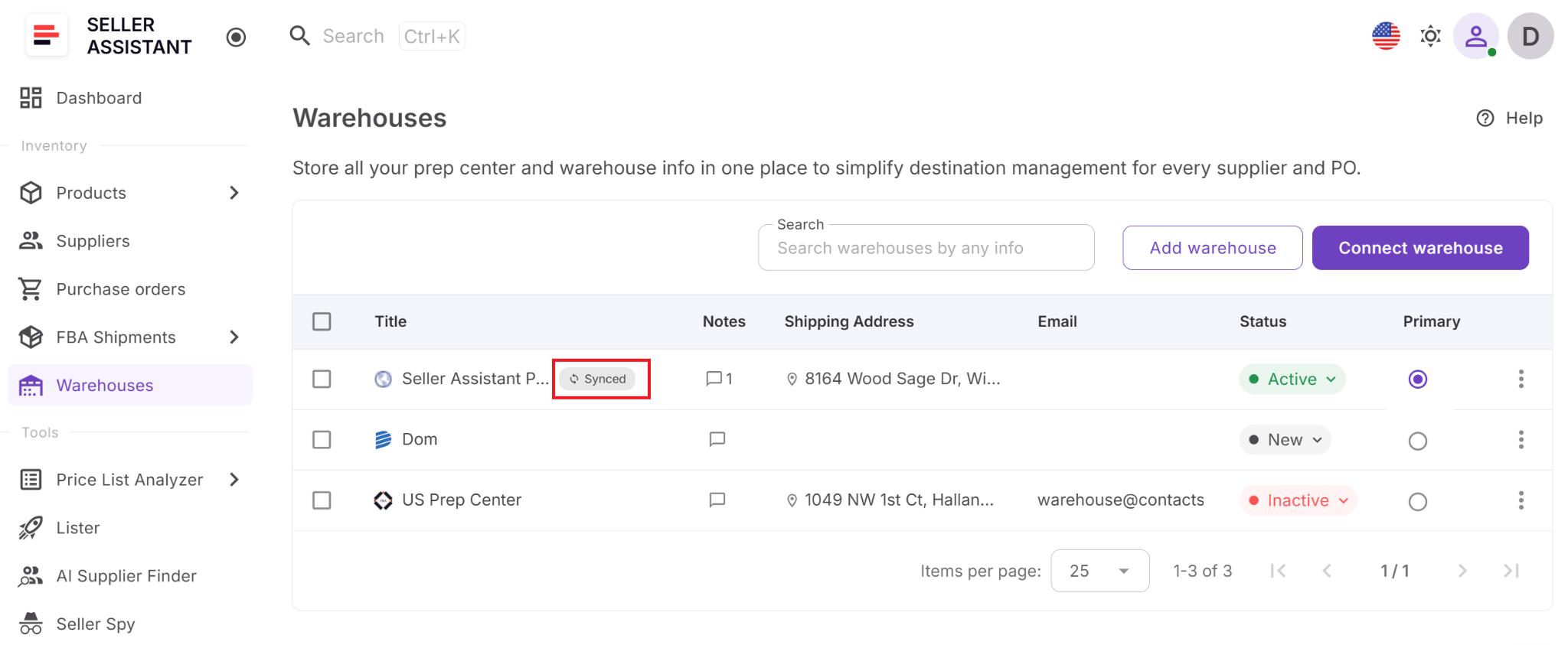 If you use Prep Center Integration, connected warehouse locations are synchronized automatically