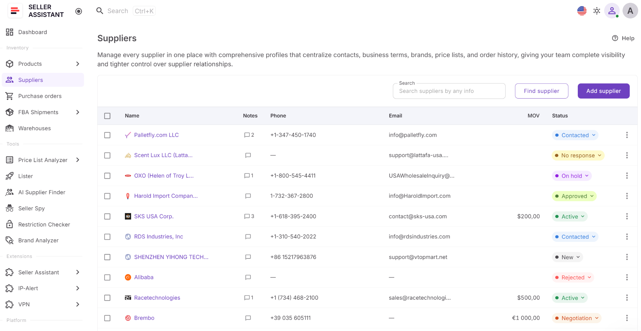 Seller Assistant's Suppliers Database
