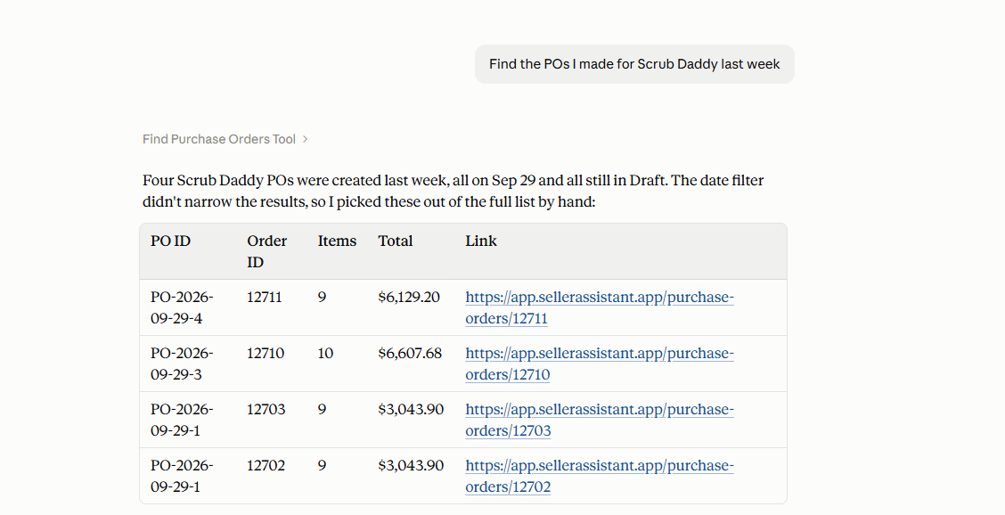 Ask the agent to find a purchase order by supplier or date