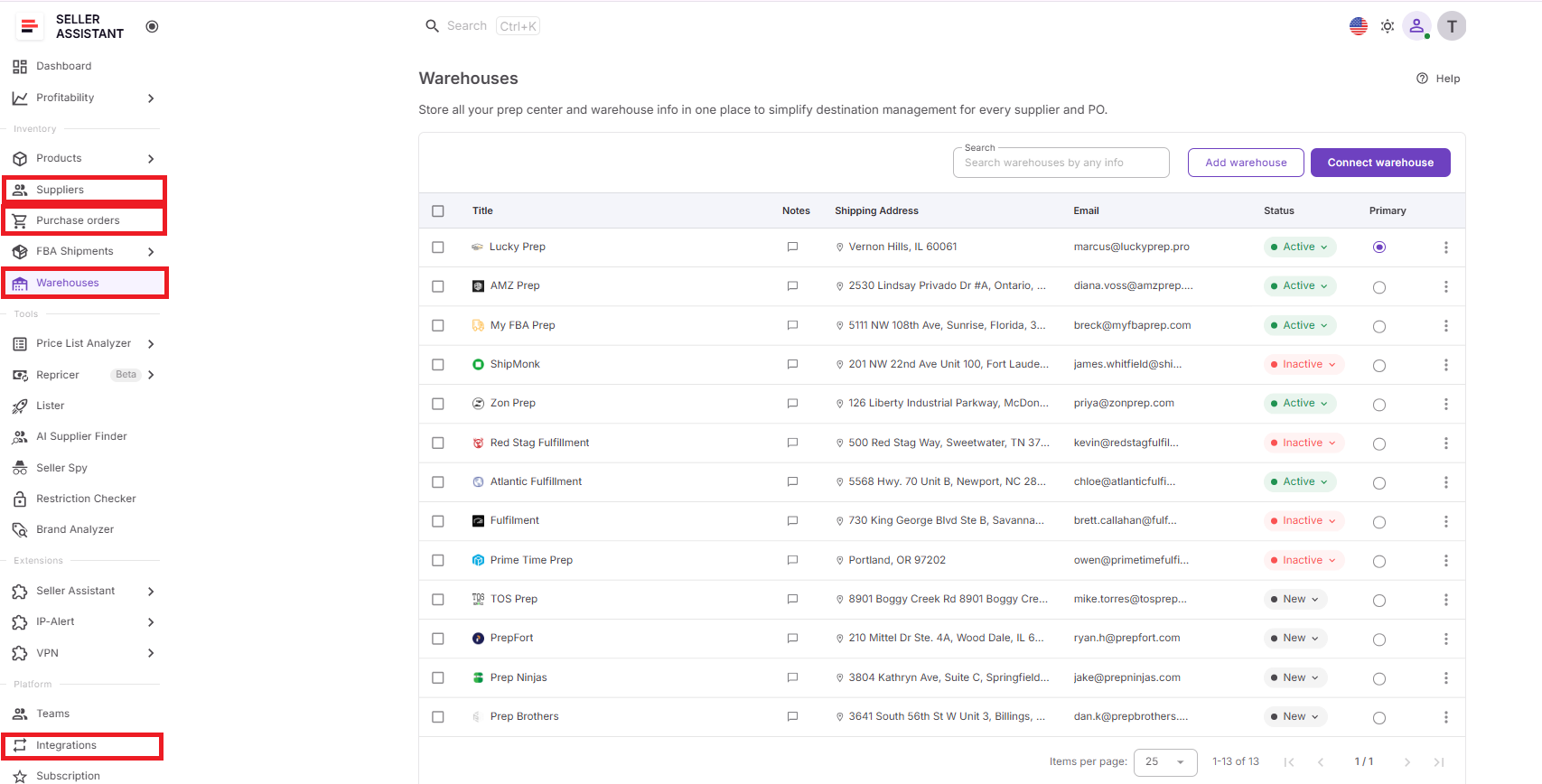 Warehouses Database integrates with other Seller Assistant tools to keep fulfillment information connected across your operation