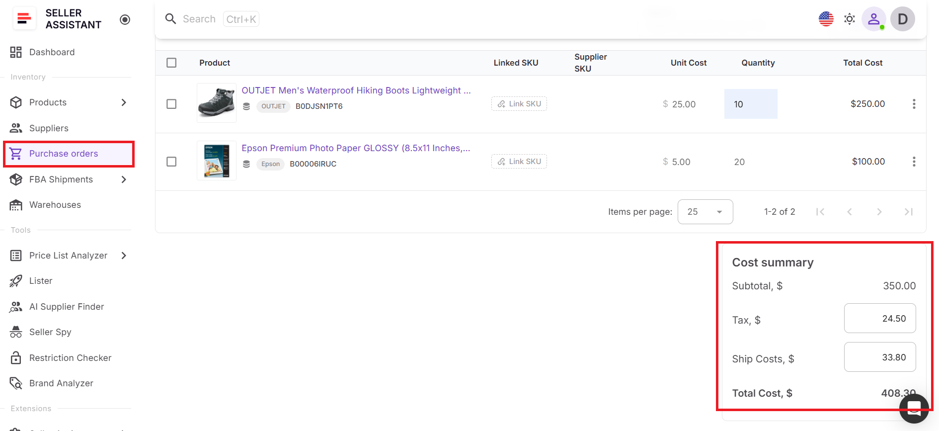 The cost summary panel is located inside purchase orders you create with the Purchase Orders Module.