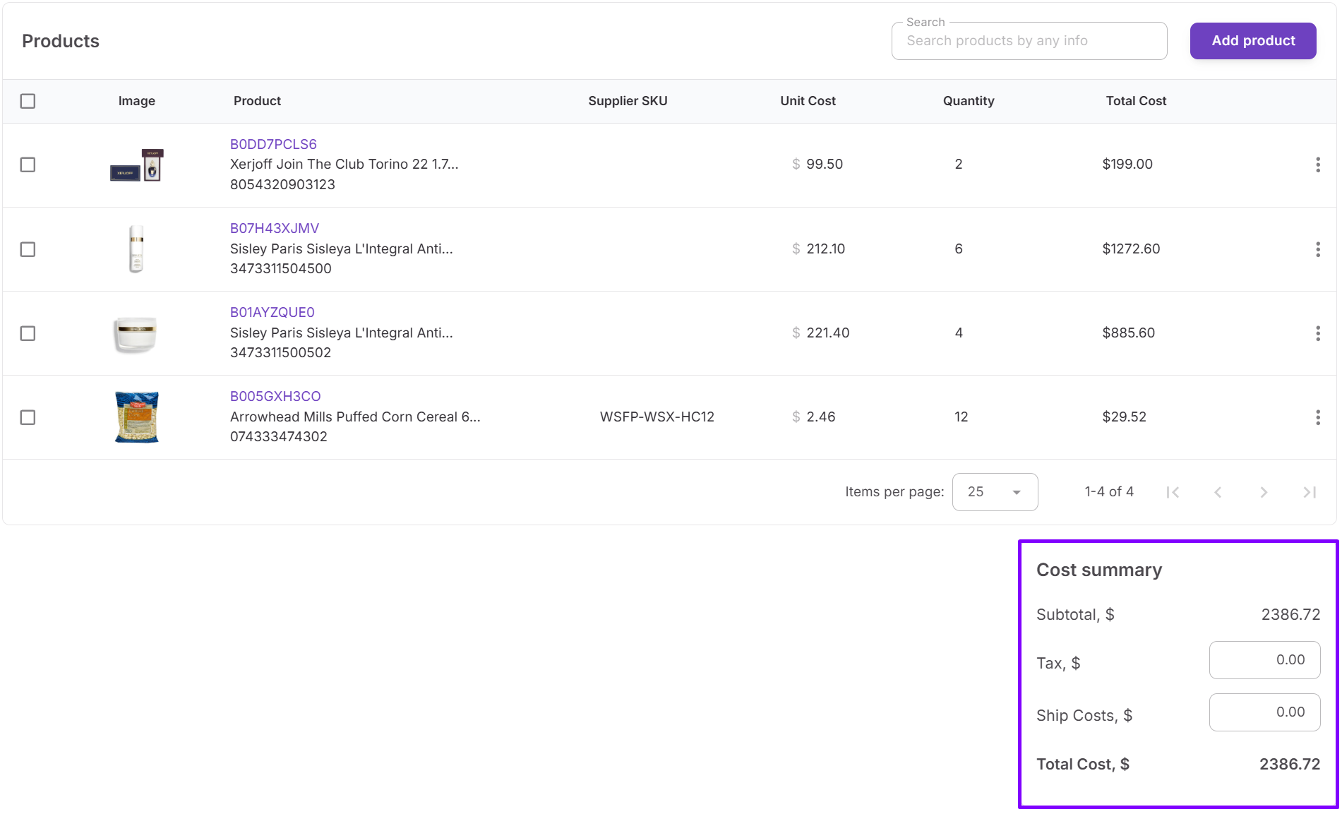 Cost summary panel captures total order costs