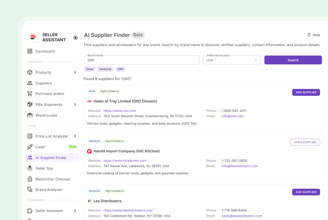 AI Supplier Finder results showing ranked wholesale suppliers
