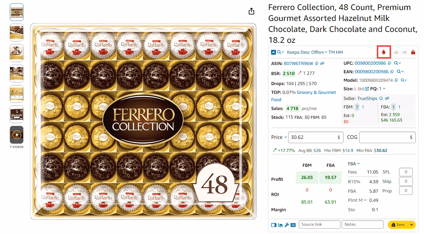 Seller Assistant marks meltable inventory with the red drop icon