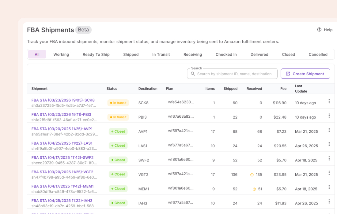 Shipments table showing all statuses