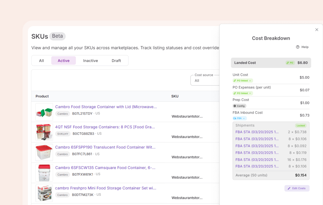 Landed cost breakdown with inbound fees