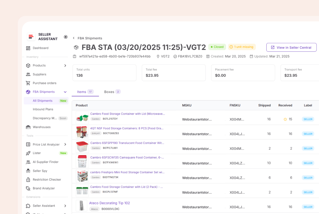 FBA Shipments dashboard