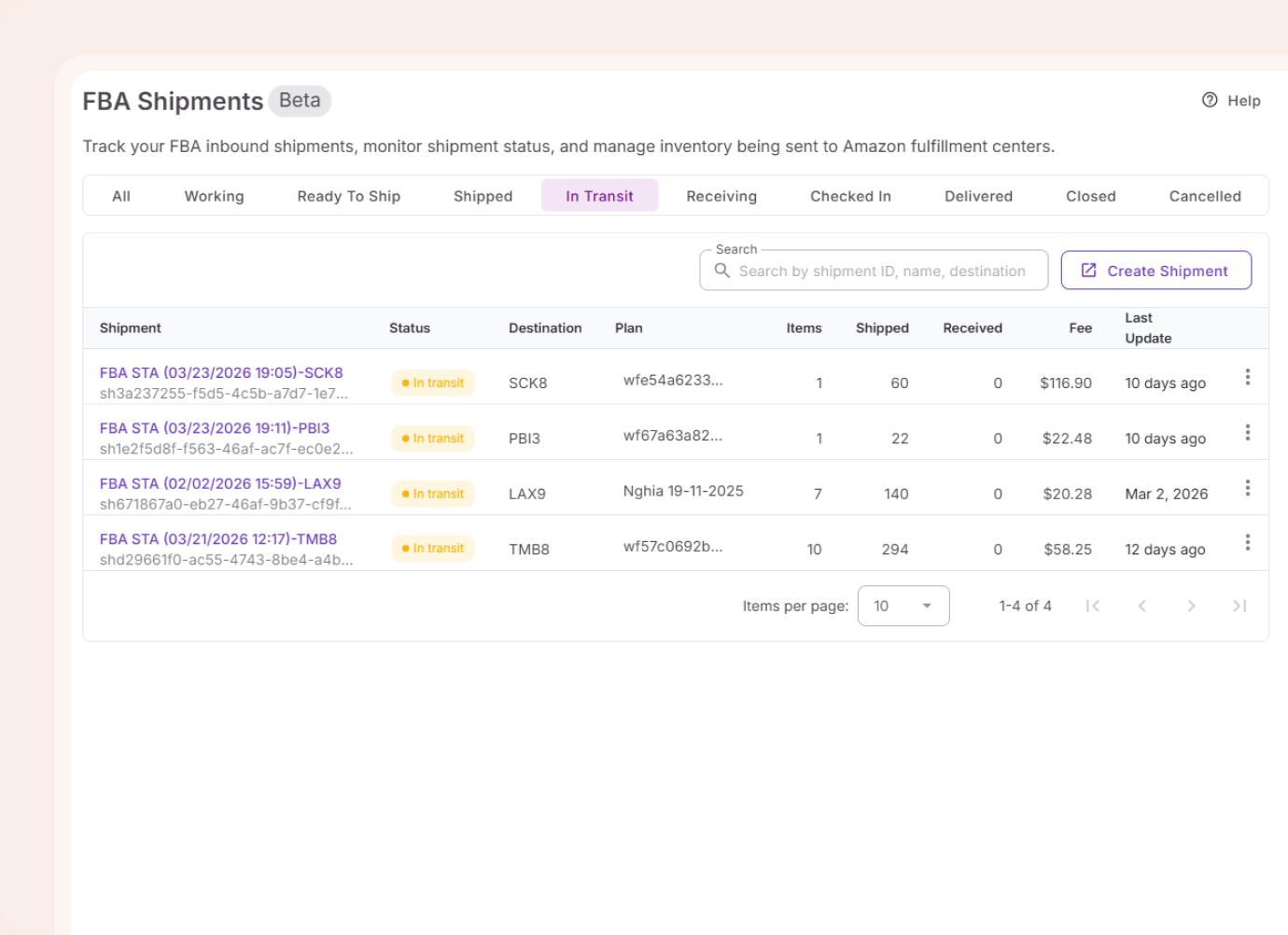Filter shipments by status