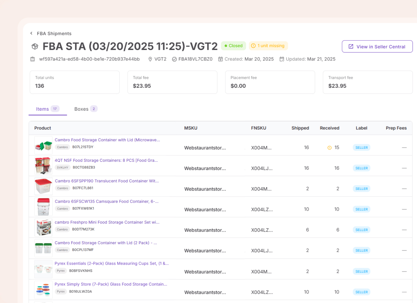 Shipment detail with products and fees
