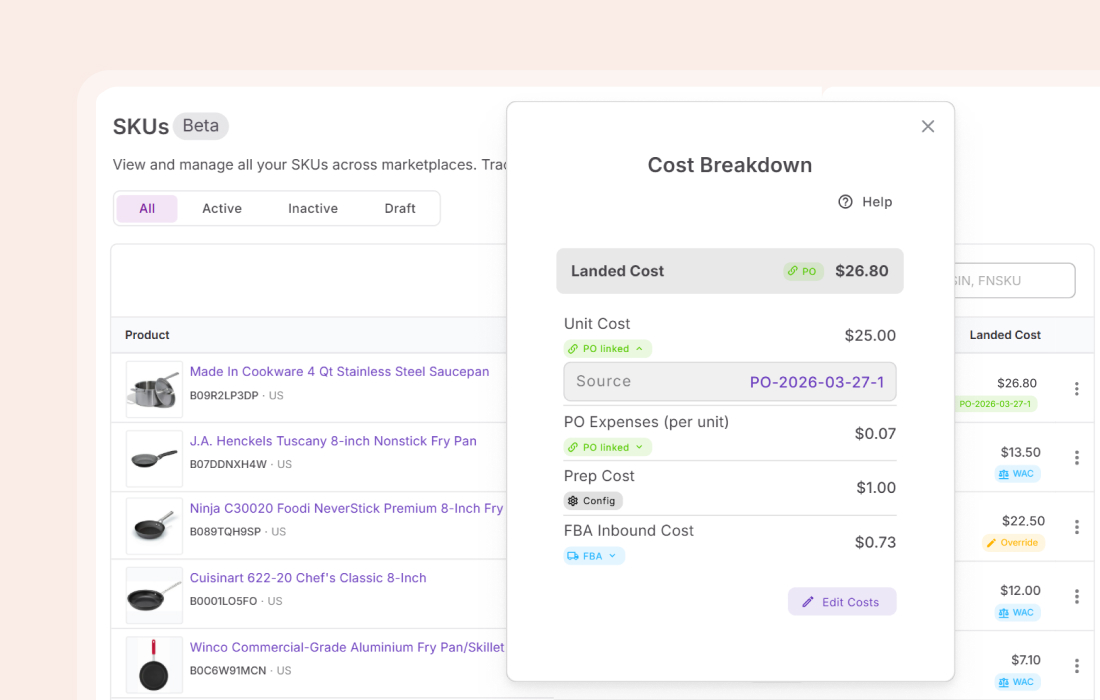 Cost breakdown showing weighted average across multiple POs