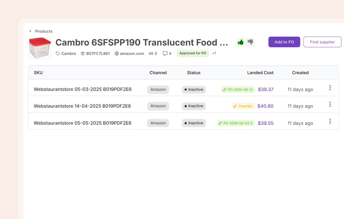 Product record SKUs tab showing multiple seller SKUs