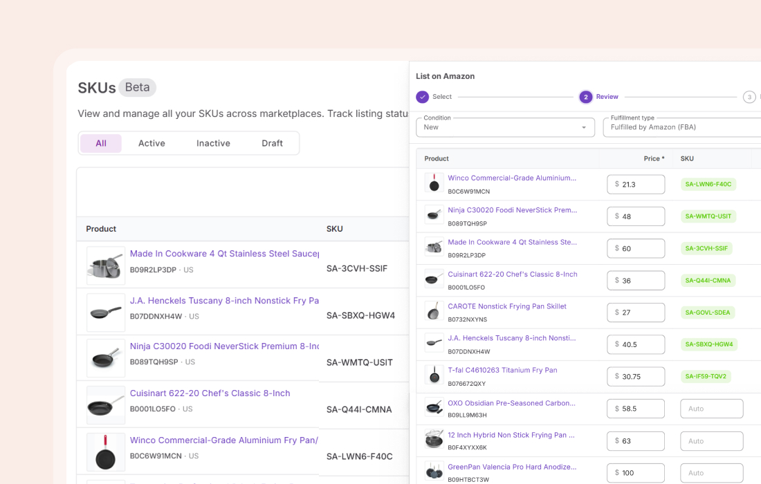 SKUs table with existing SKU highlighted and ready to reuse