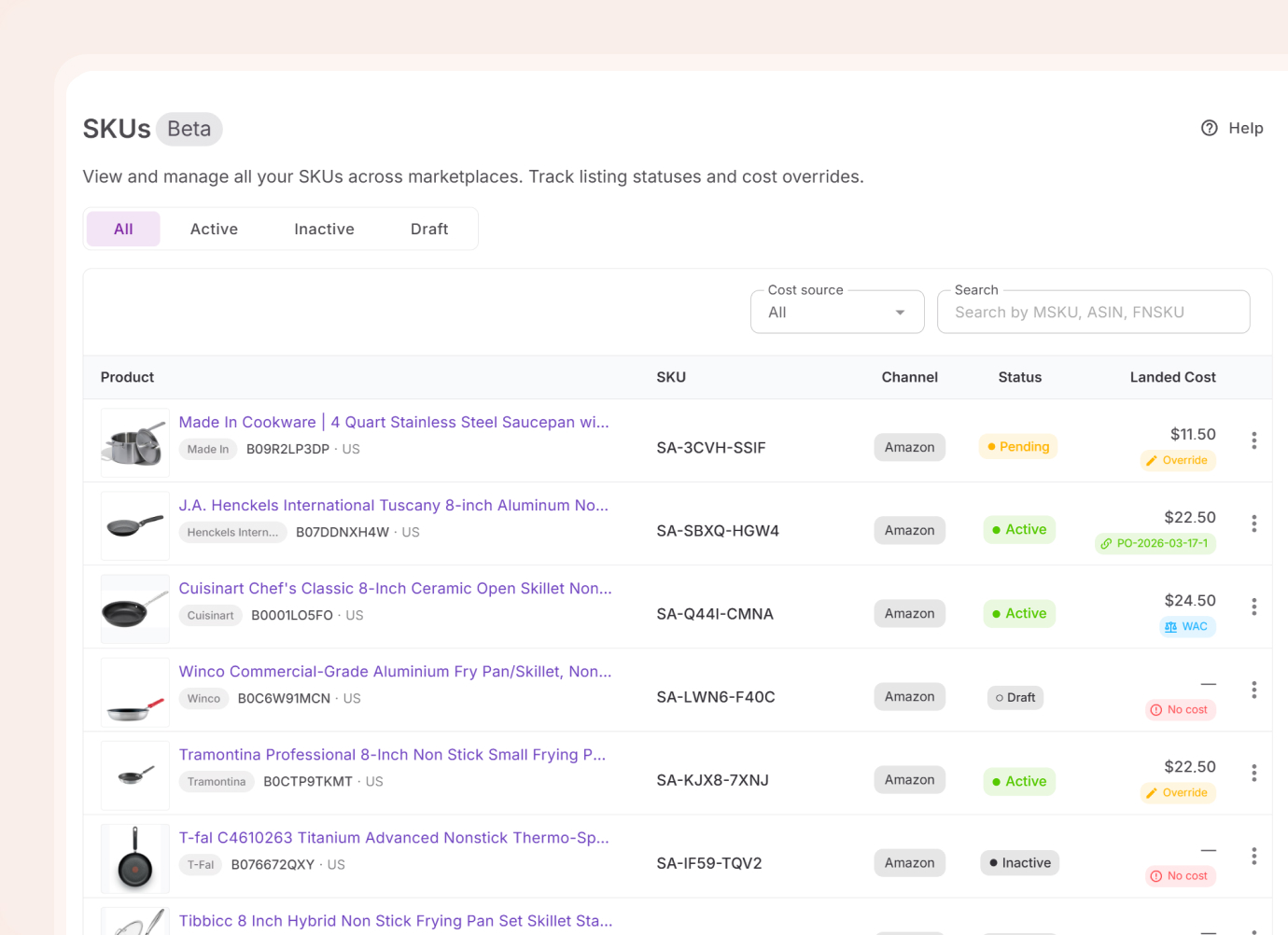 SKUs table showing full inventory
