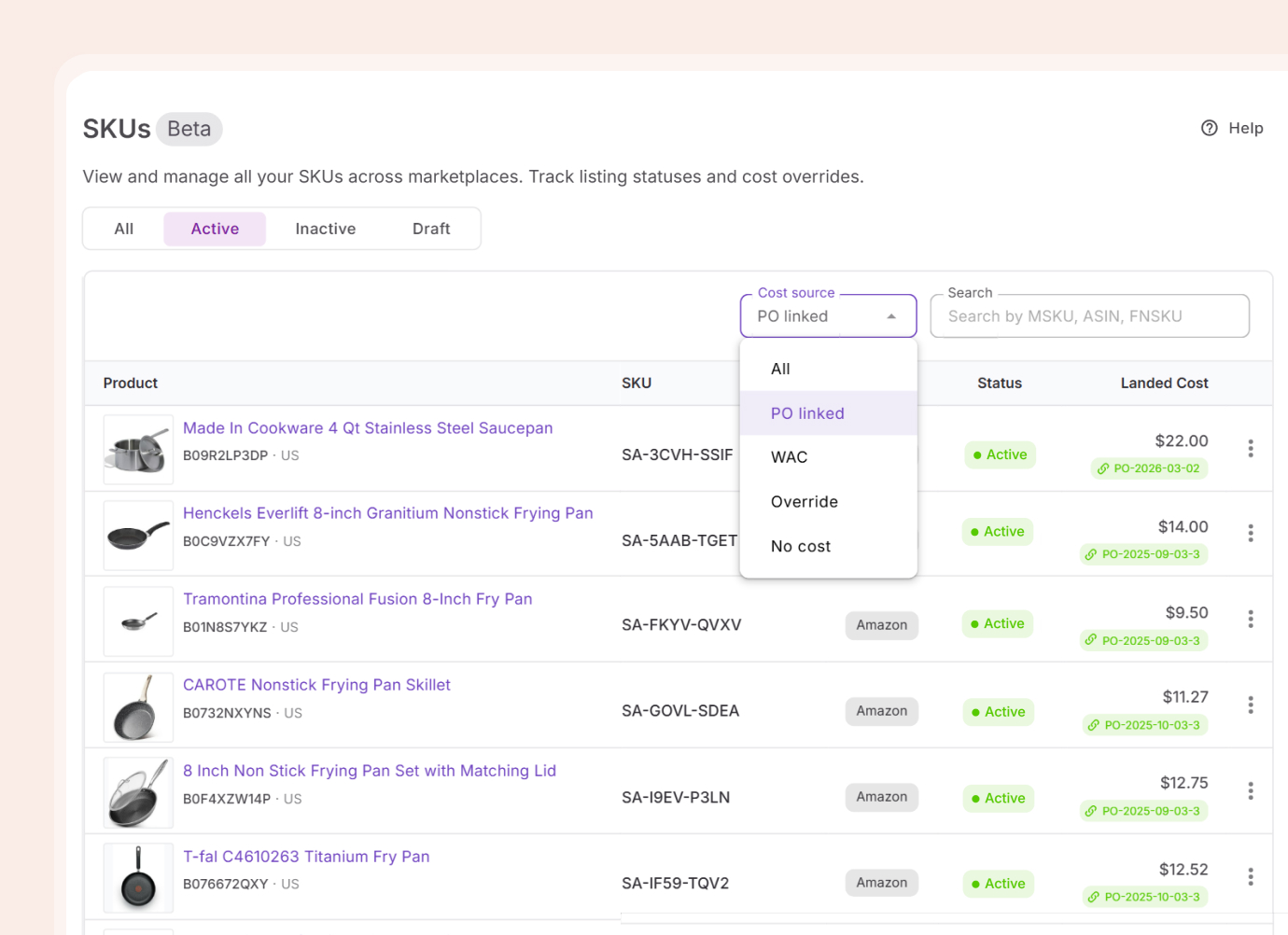 SKUs table with status filter applied