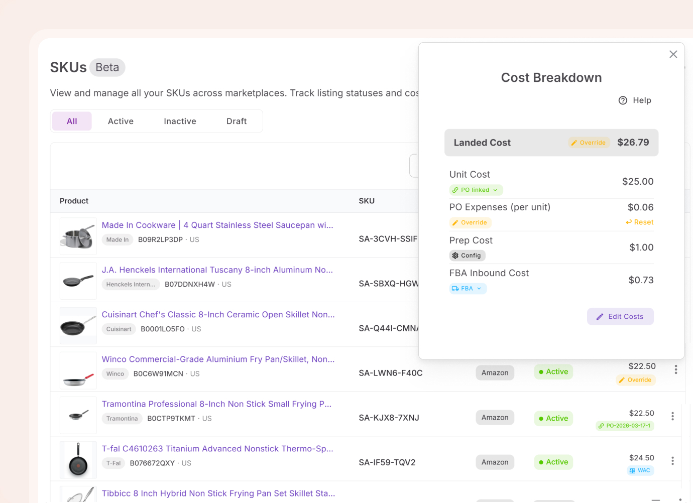 Landed cost breakdown panel