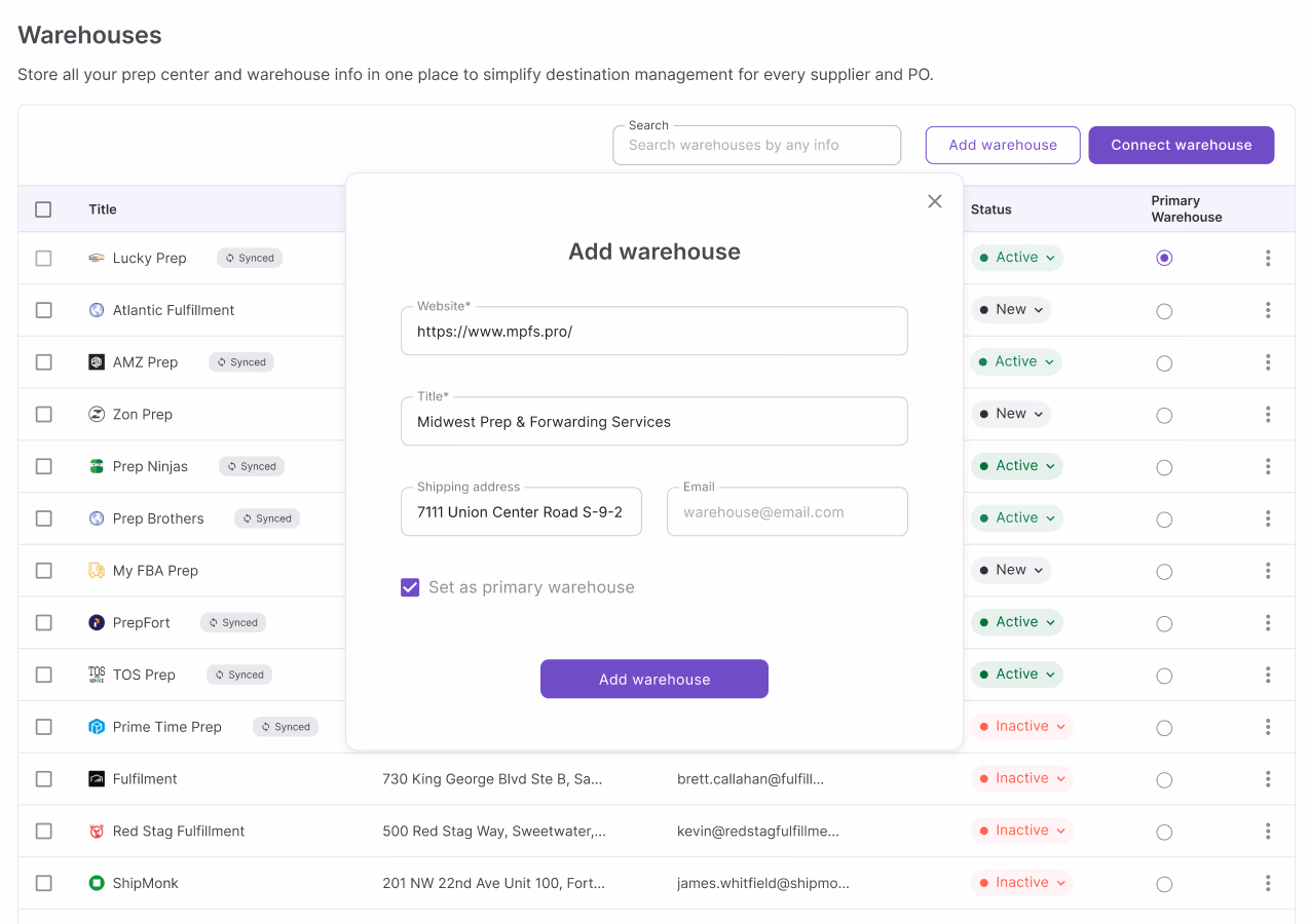 Add or sync your warehouses