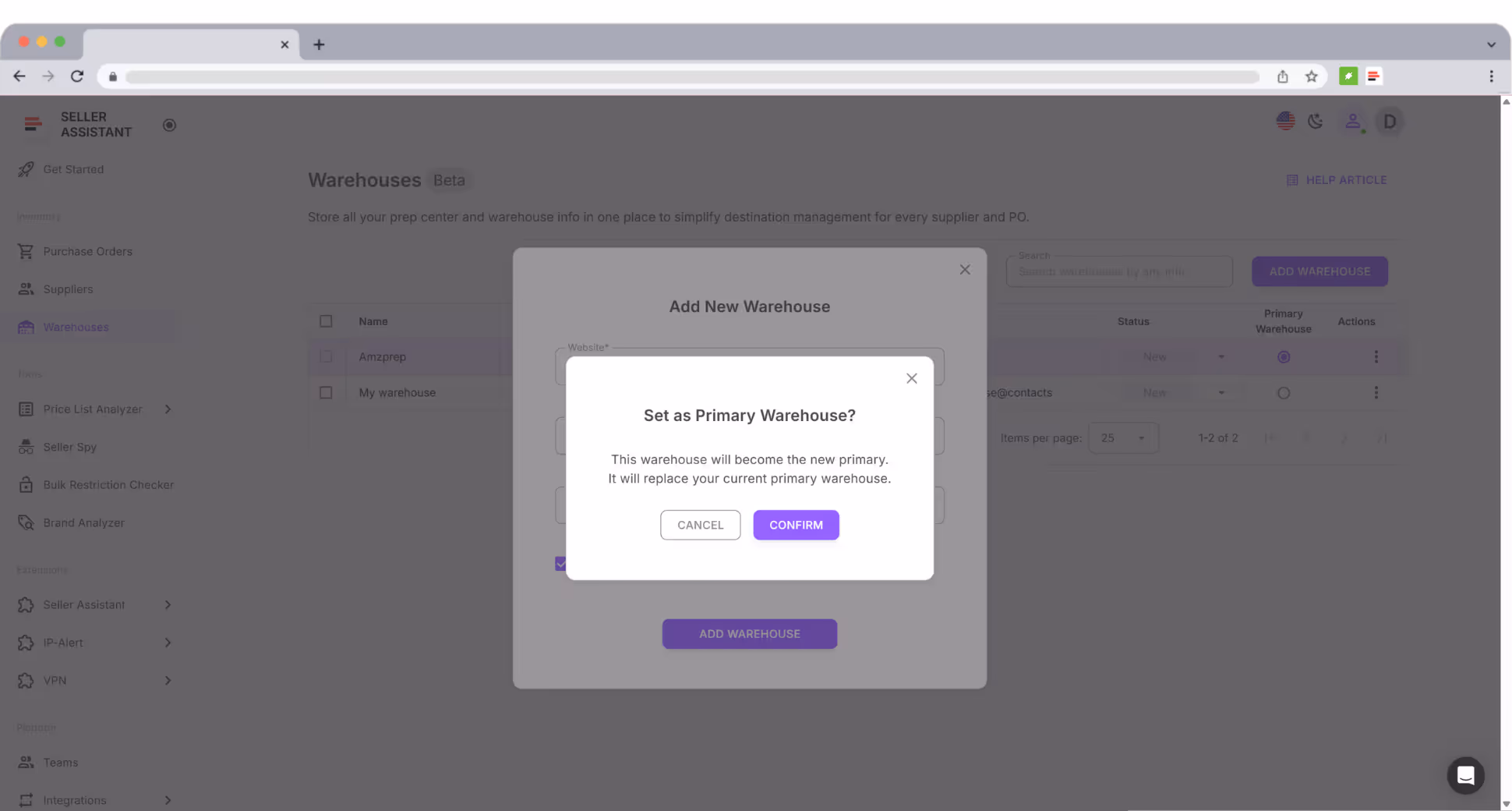 Set primary warehouse