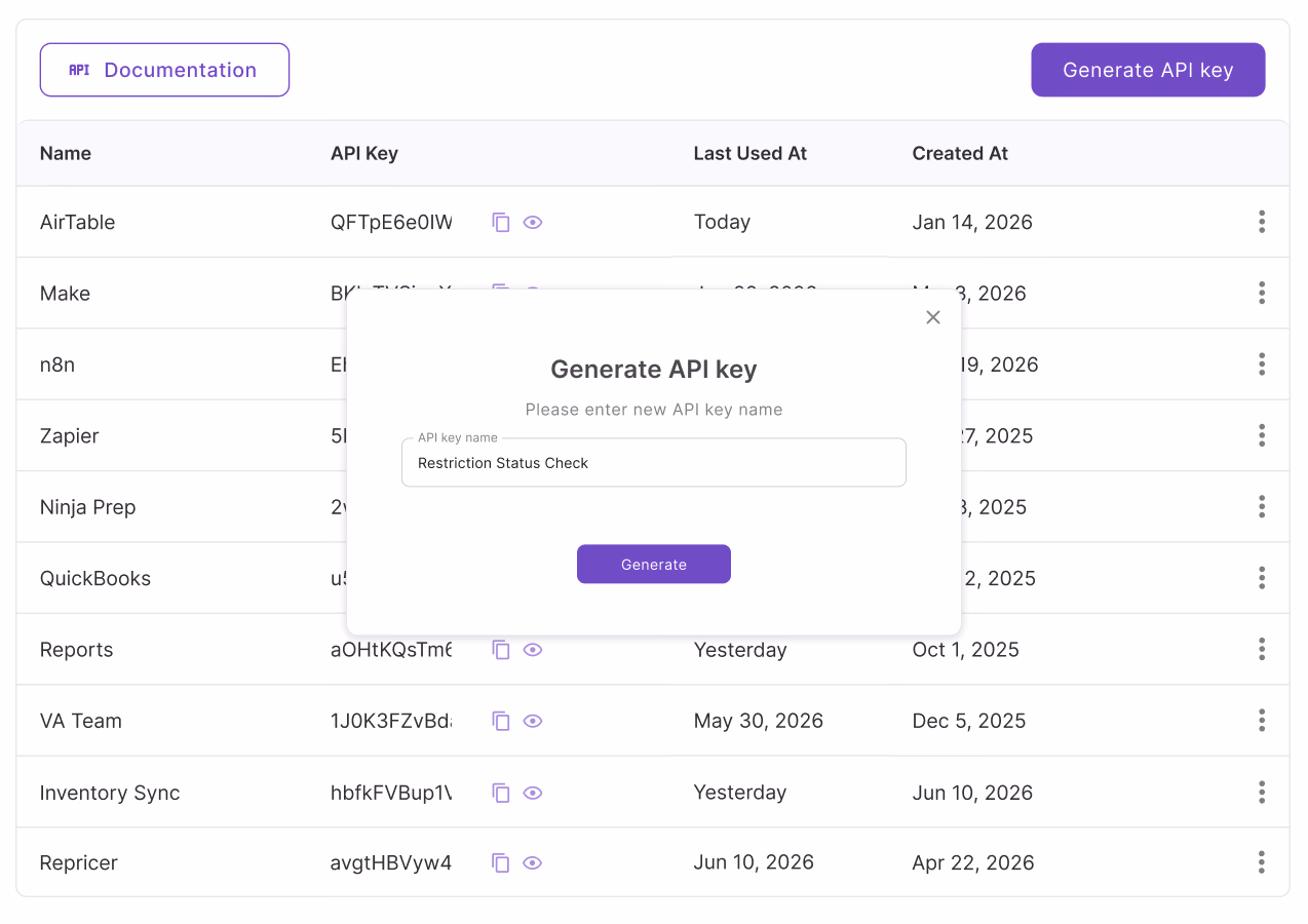 Генерация API-ключа в настройках аккаунта Seller Assistant