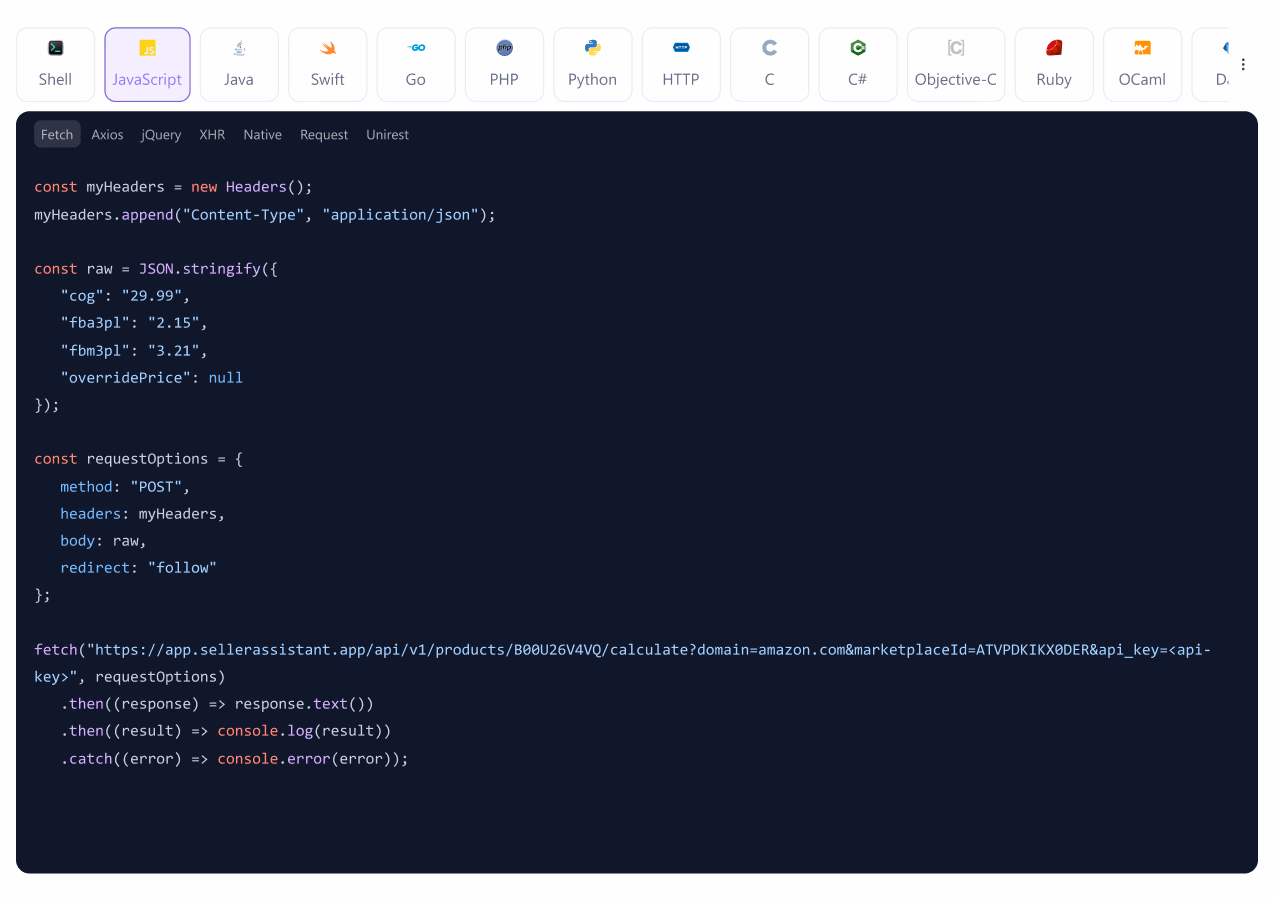 Запрос к API с примером кода на портале для разработчиков