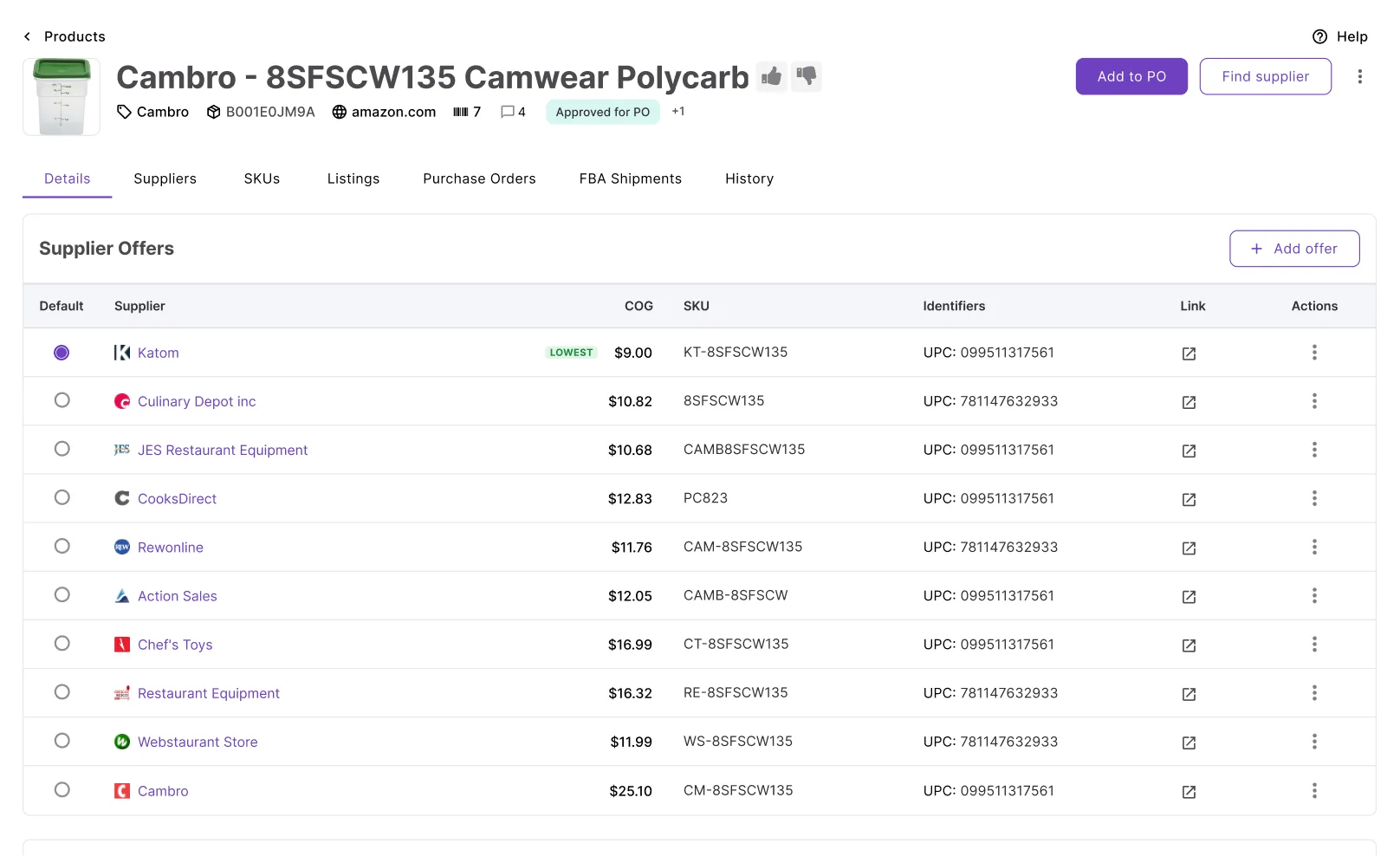 Adding a product to a purchase order without leaving the page