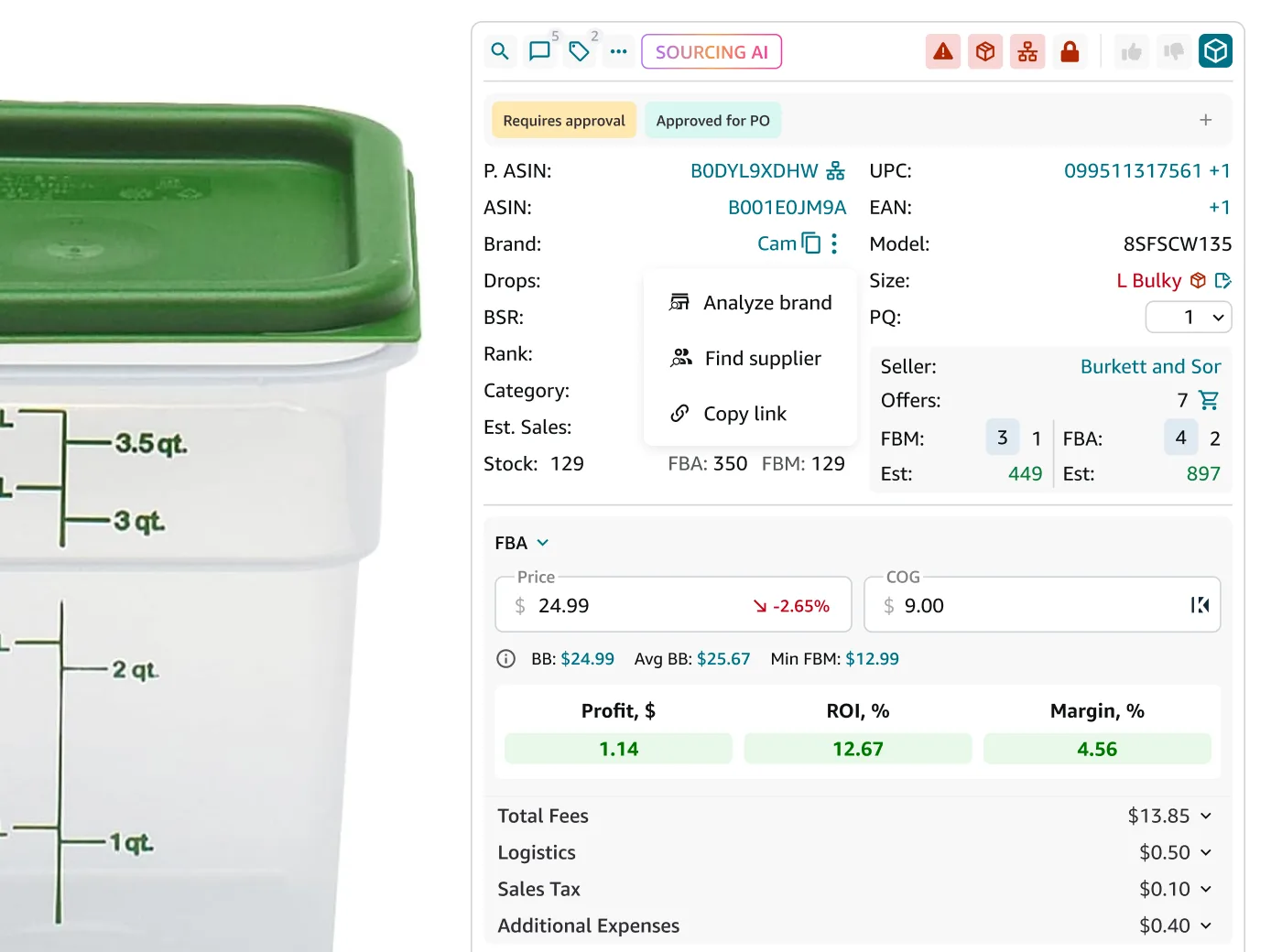 One-click actions menu with Analyze brand, Find supplier, and Copy link on a product page