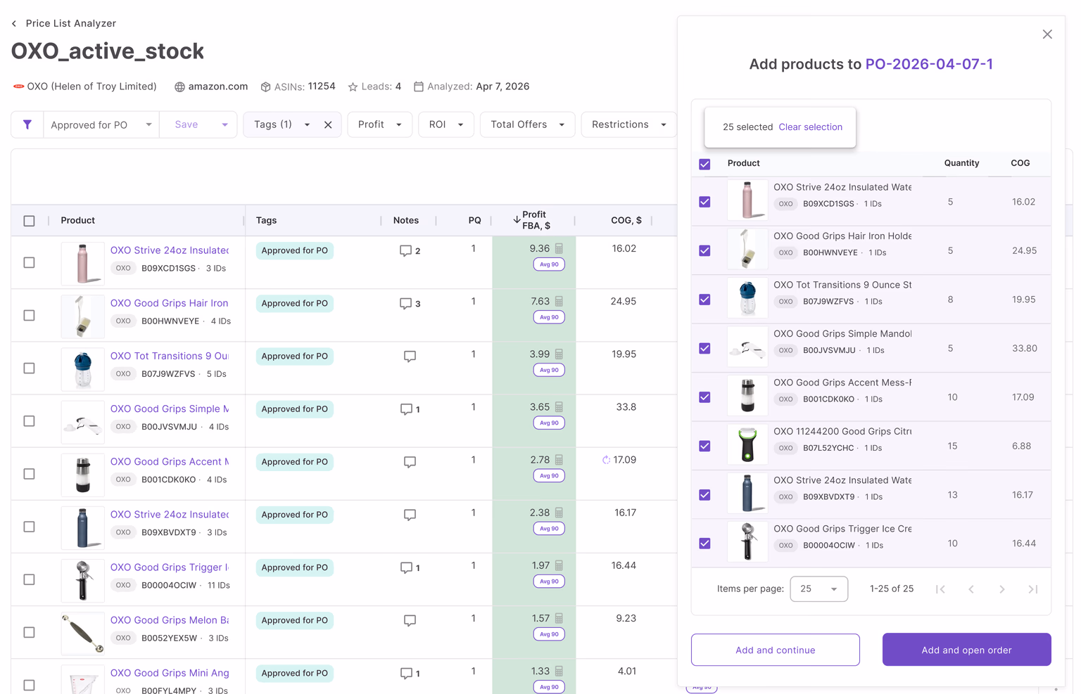 Price List Analyzer showing profitability metrics for products in a supplier catalog