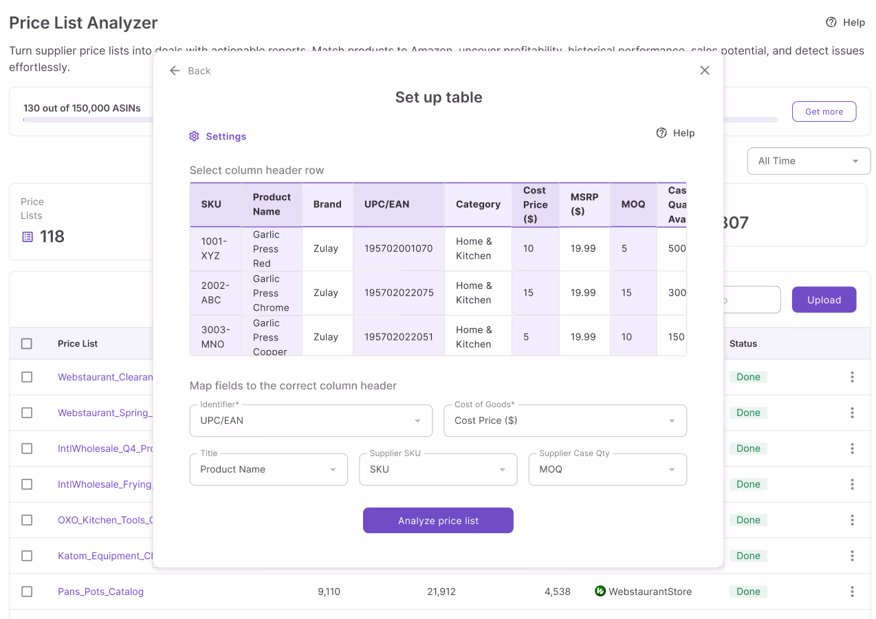 Upload and map your price list