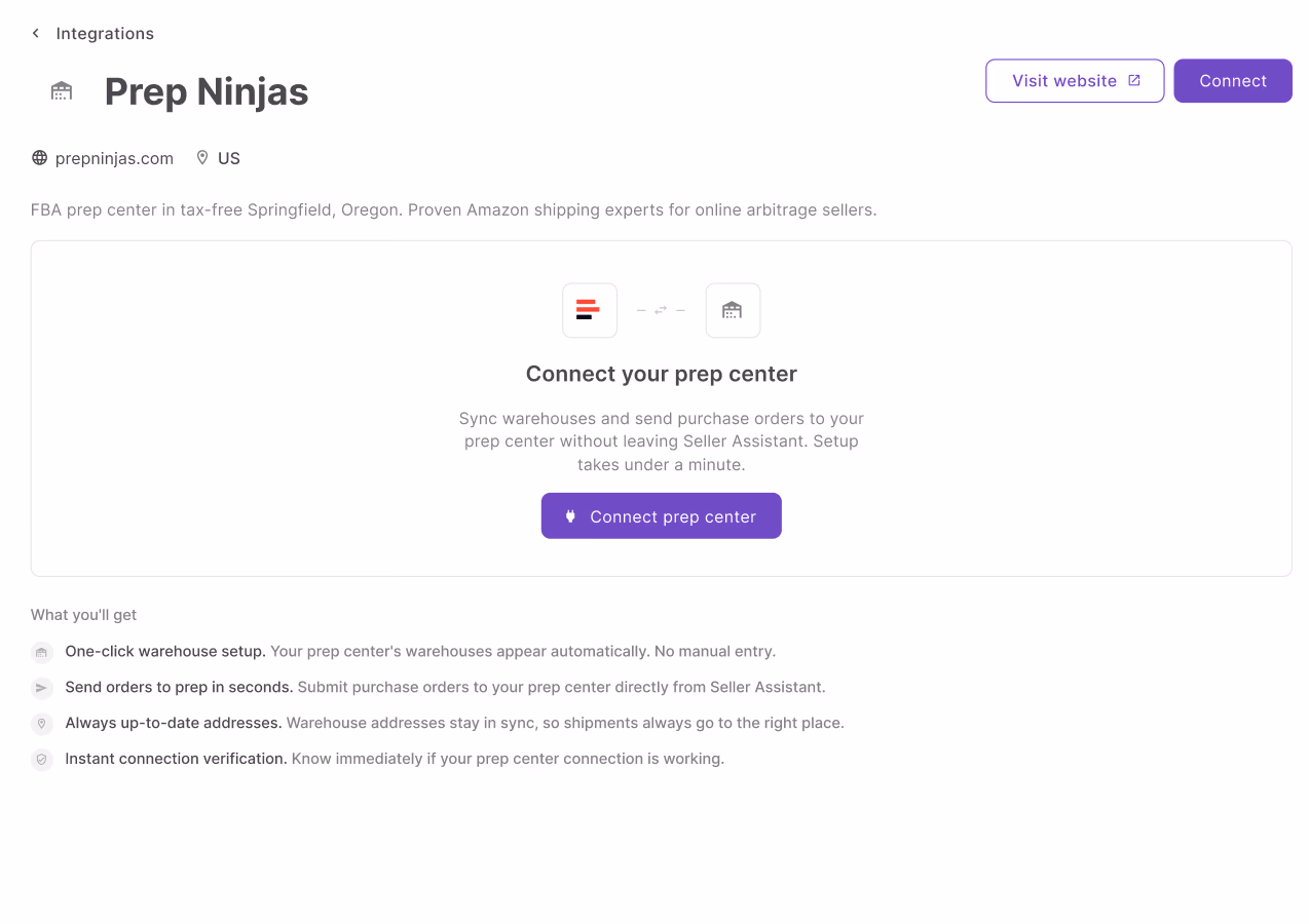 Select a prep center in the Integrations Hub