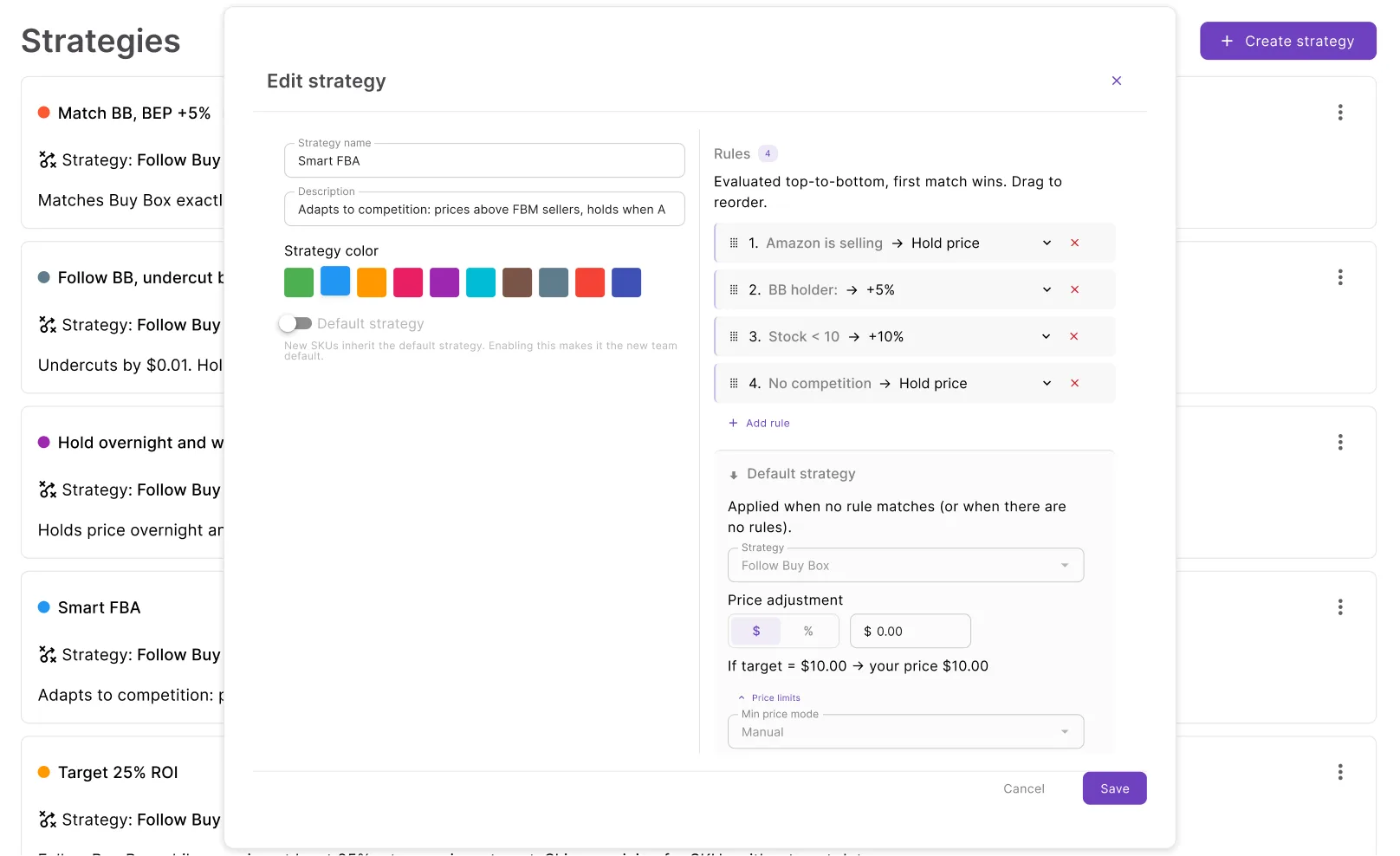Strategy editor showing prioritized conditional rules for a repricing strategy