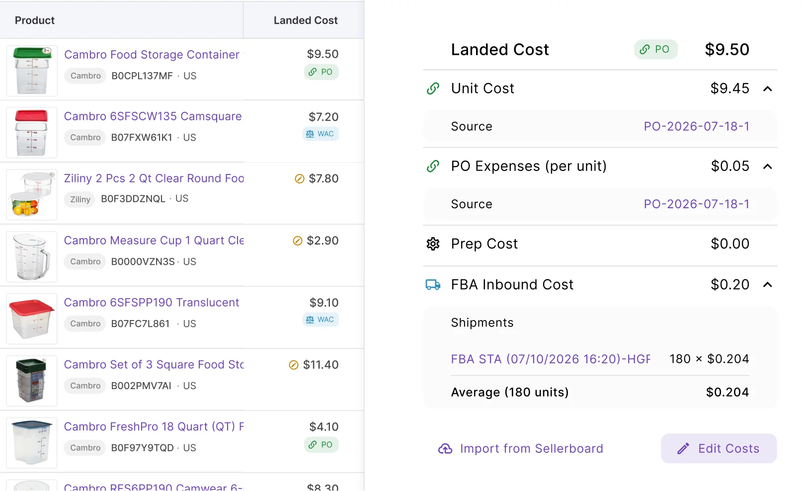 Product cost breakdown showing unit cost, PO expenses, prep cost, and FBA inbound cost