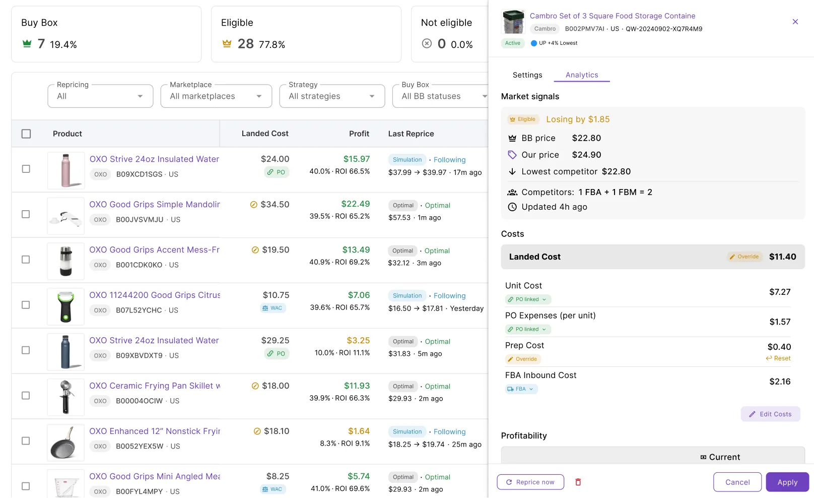 Product cost breakdown showing unit cost, PO expenses, prep cost, and FBA inbound cost